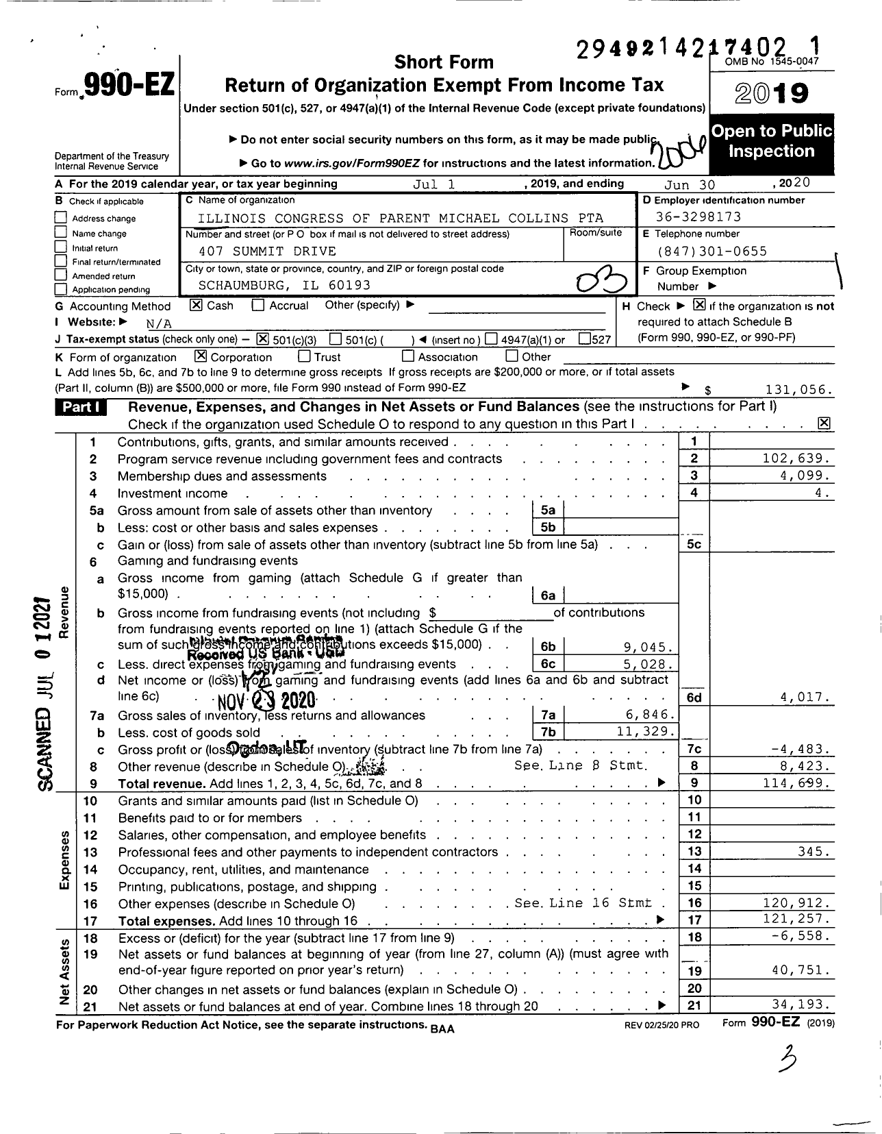 Image of first page of 2019 Form 990EZ for Illinois PTA - PTA Michael Collins Illinois Congress of Parent