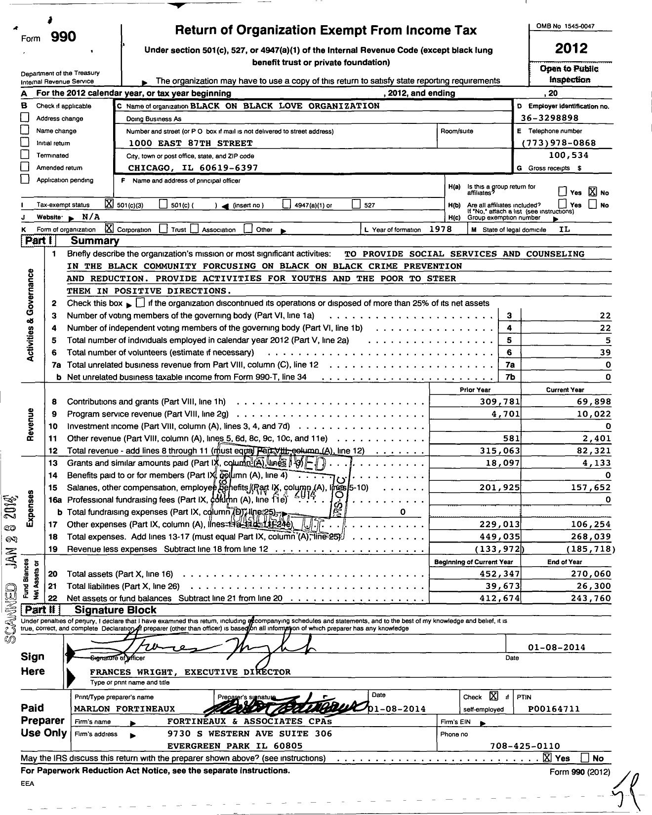 Image of first page of 2012 Form 990 for Black on Black Love Organization