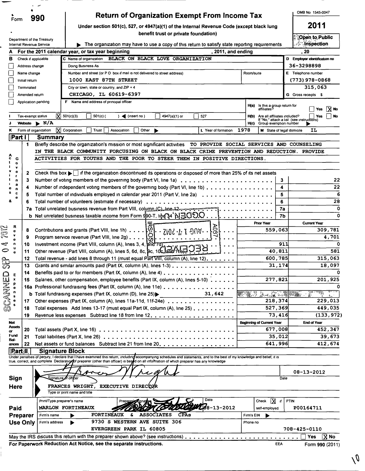 Image of first page of 2011 Form 990 for Black on Black Love Organization