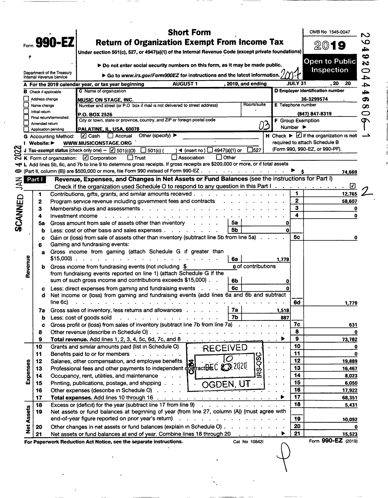 Image of first page of 2019 Form 990EZ for Music on Stage