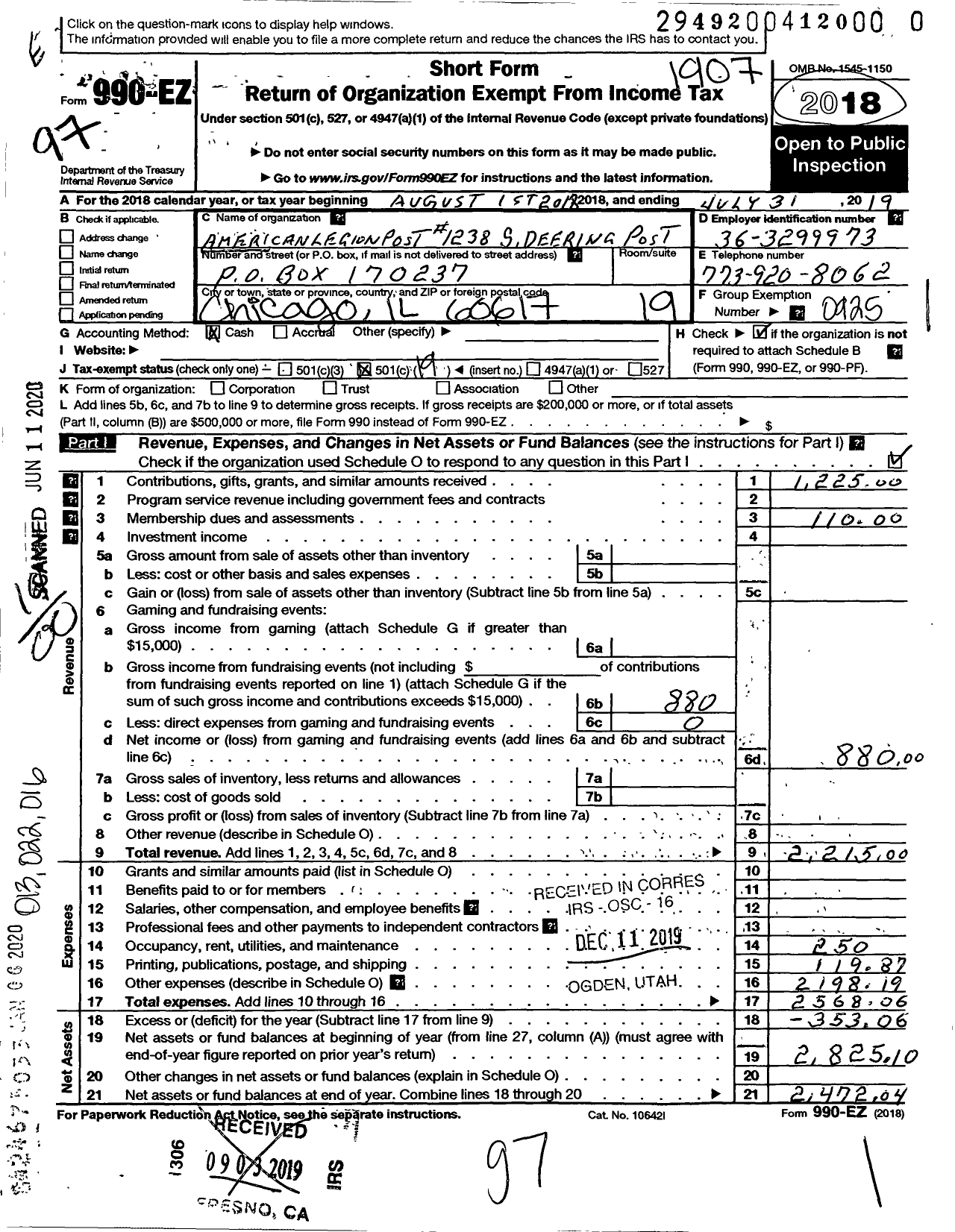 Image of first page of 2018 Form 990EO for American Legion Post #1238 S Deering