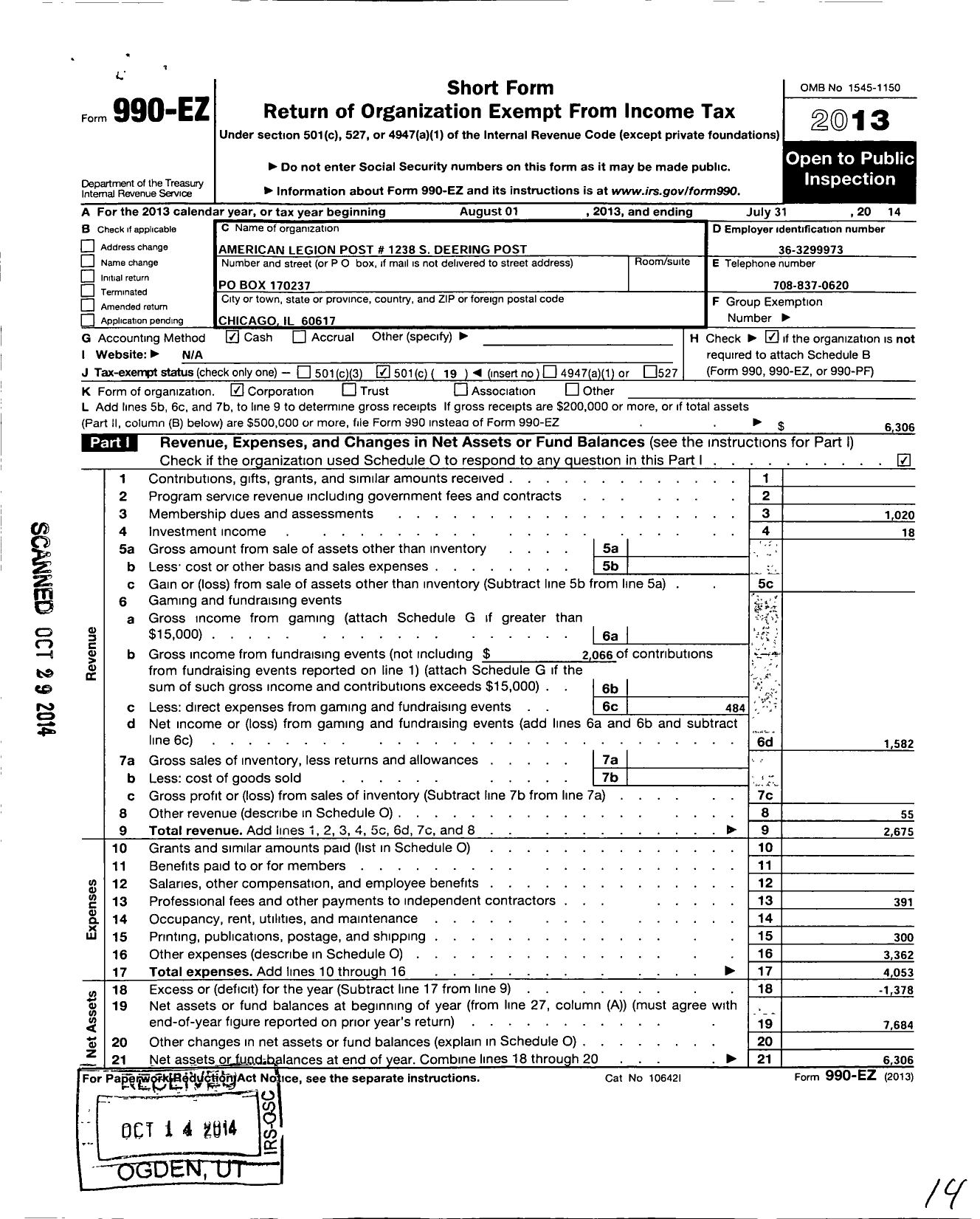 Image of first page of 2013 Form 990EO for American Legion Post #1238 S Deering