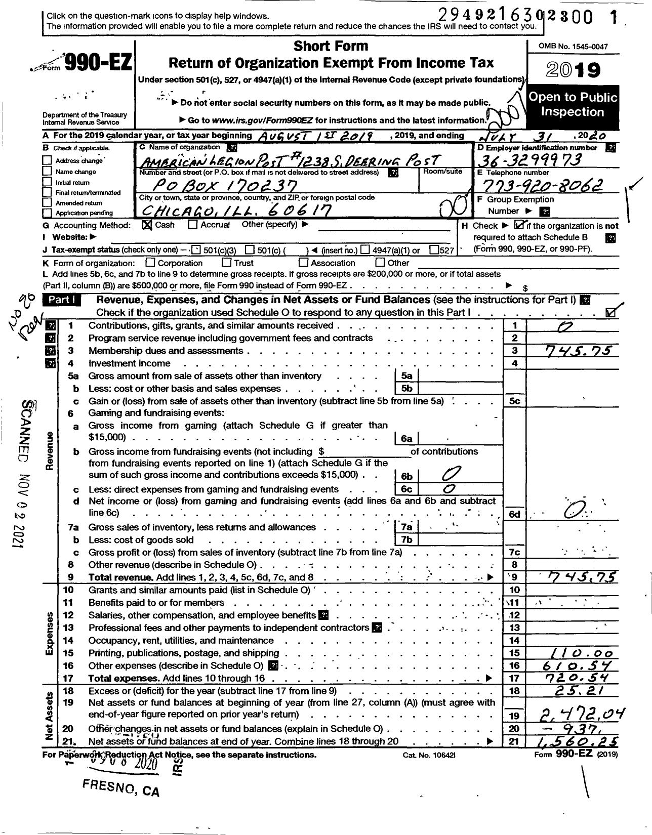 Image of first page of 2019 Form 990EO for American Legion Post #1238 S Deering