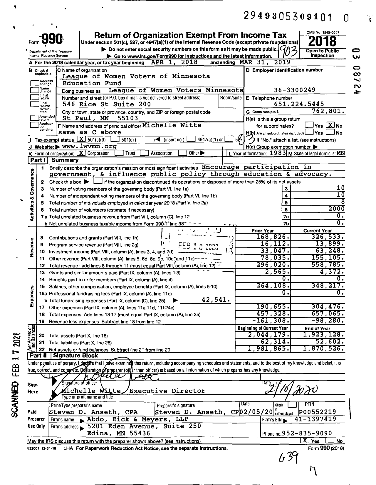 Image of first page of 2018 Form 990 for League of Women Voters Minnesota