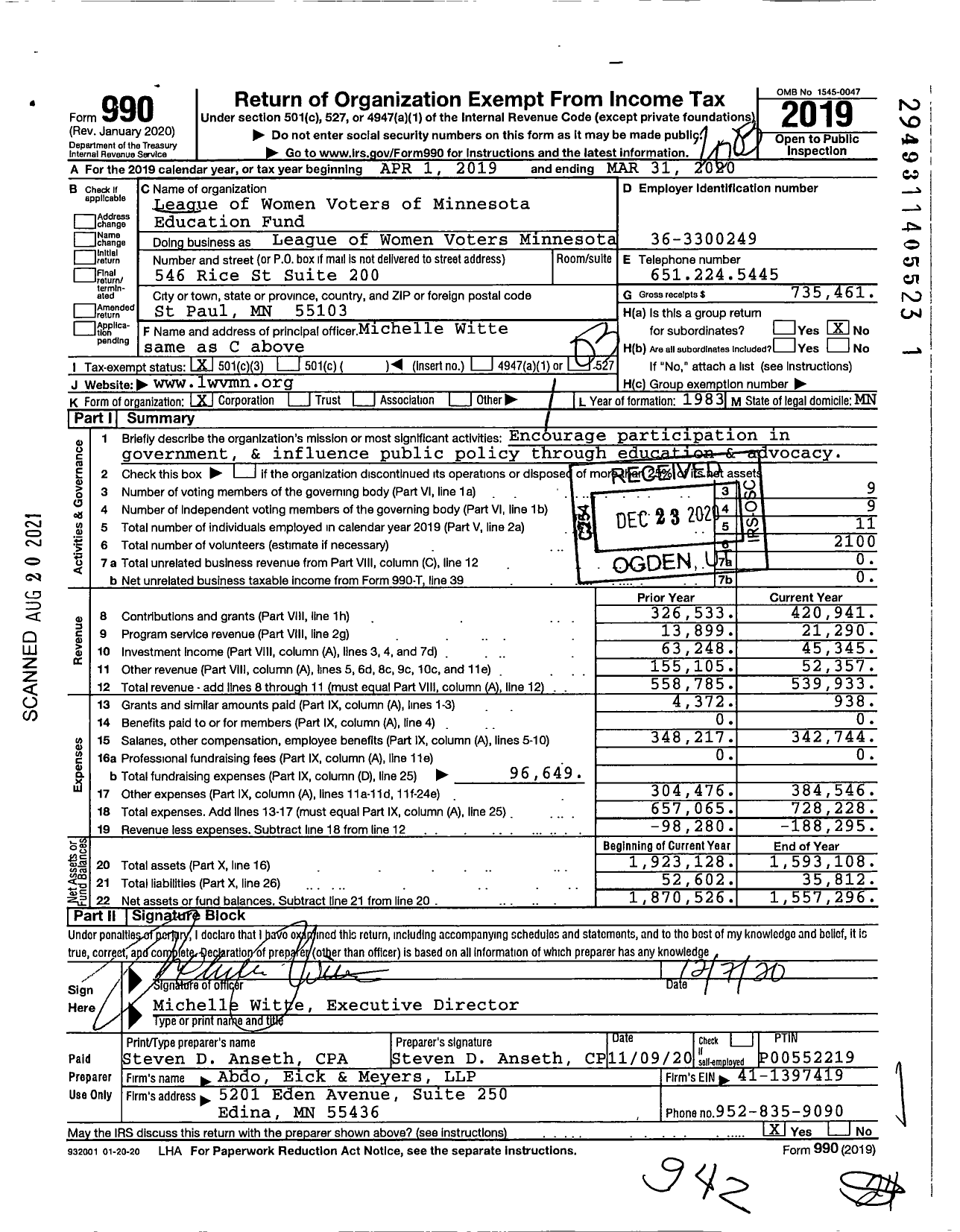 Image of first page of 2019 Form 990 for League of Women Voters Minnesota