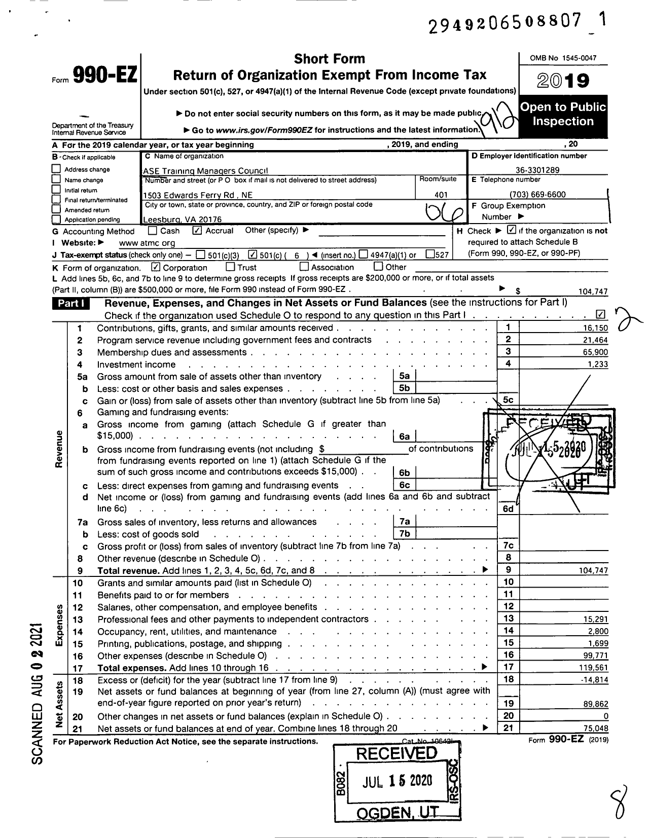 Image of first page of 2019 Form 990EO for Ase Training Managers Council