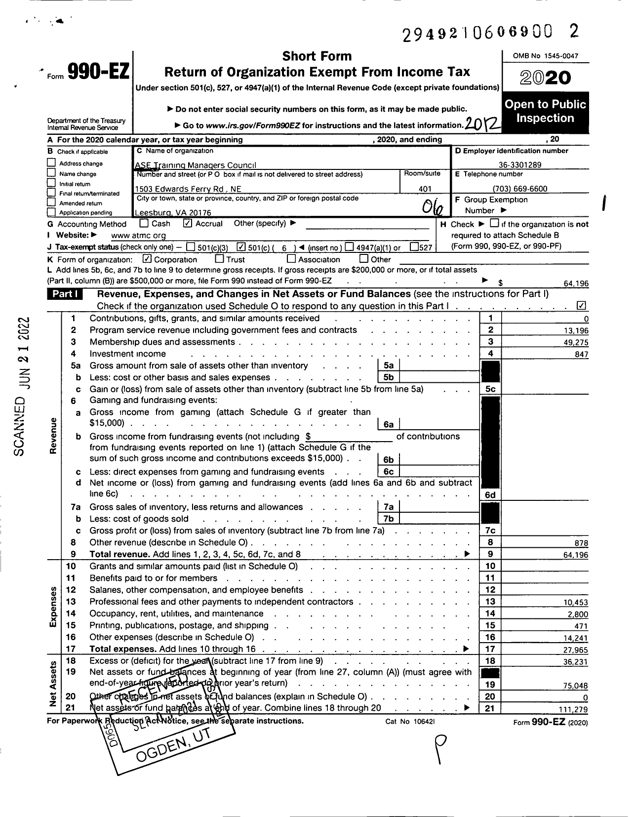 Image of first page of 2020 Form 990EO for Ase Training Managers Council