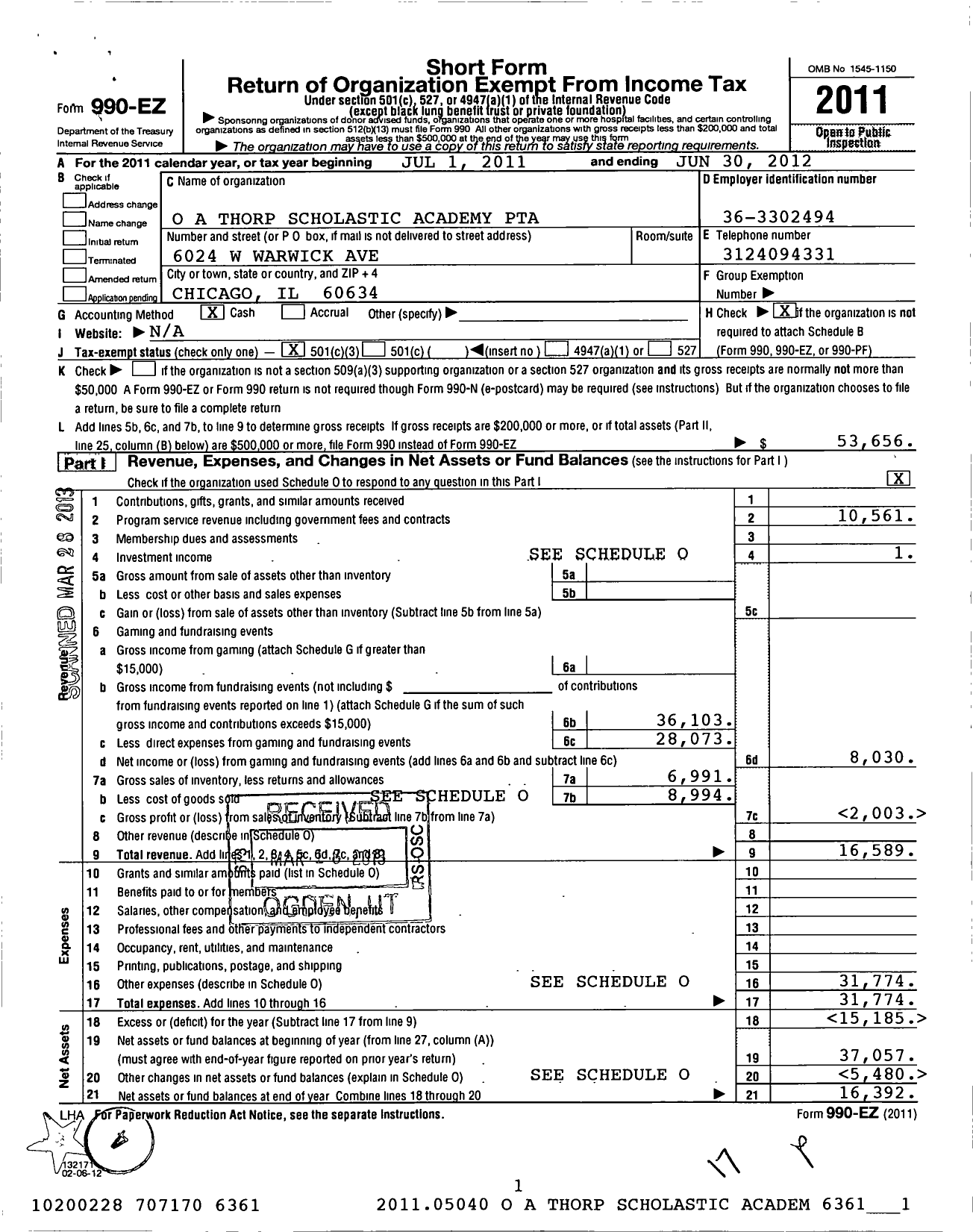 Image of first page of 2011 Form 990EZ for Illinois PTA - O A Thorp Scholastic Academy PTA