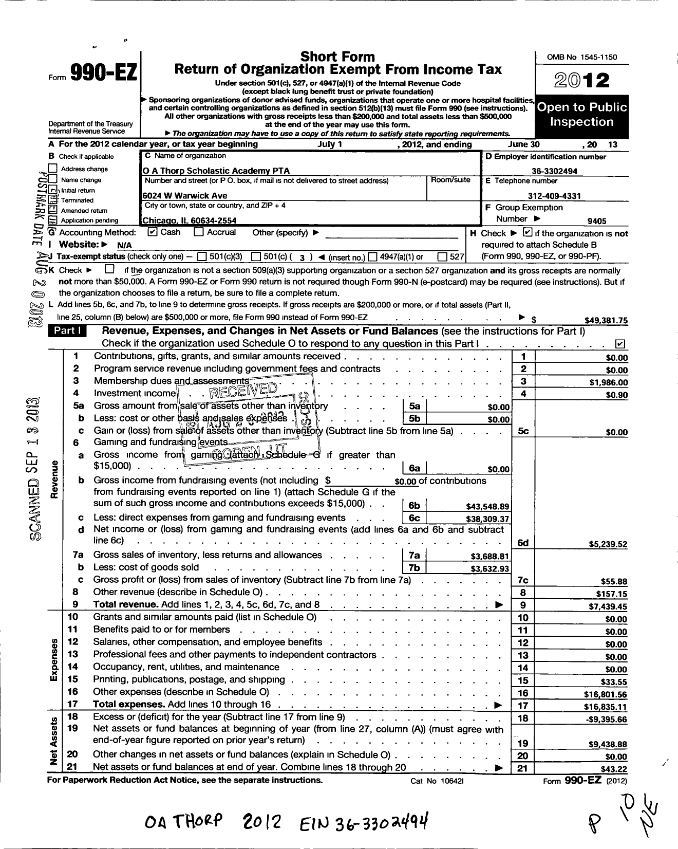 Image of first page of 2012 Form 990EO for Illinois PTA - O A Thorp Scholastic Academy PTA