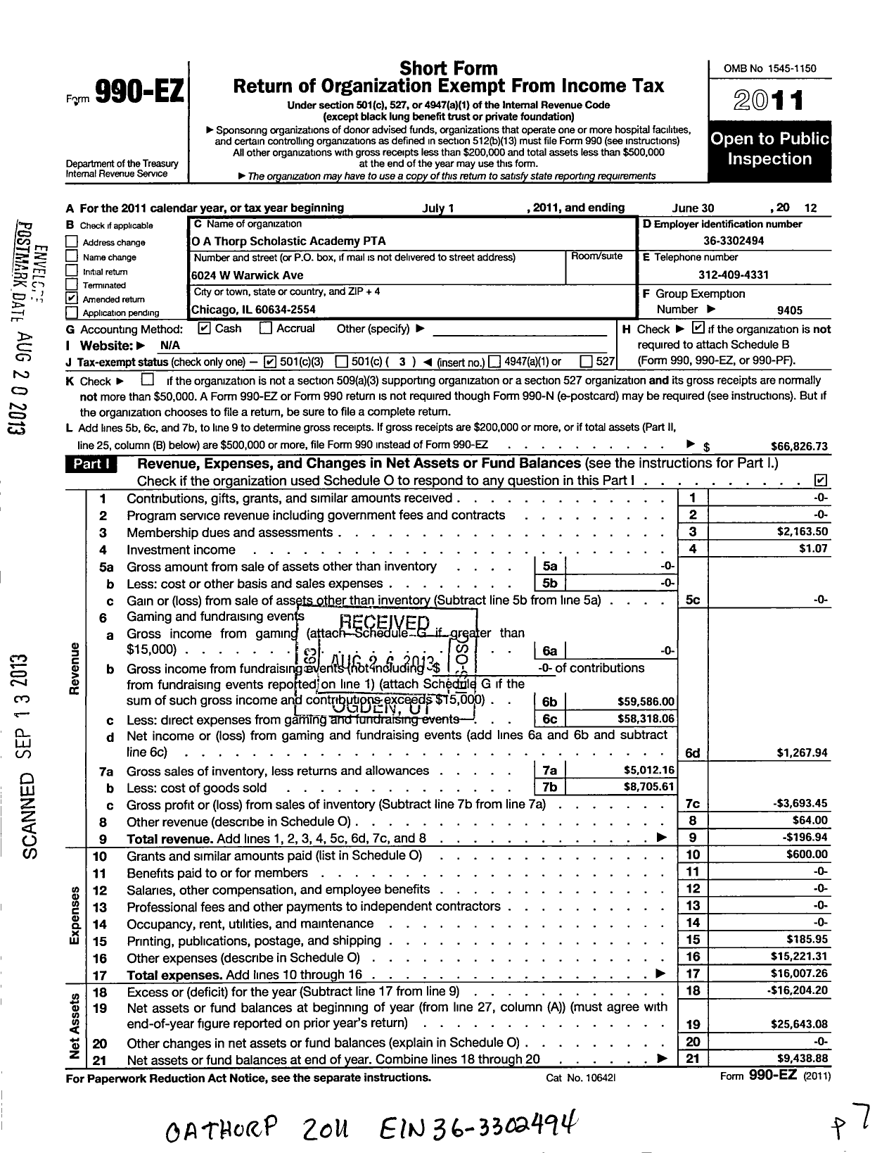 Image of first page of 2011 Form 990EZ for Illinois PTA - O A Thorp Scholastic Academy PTA