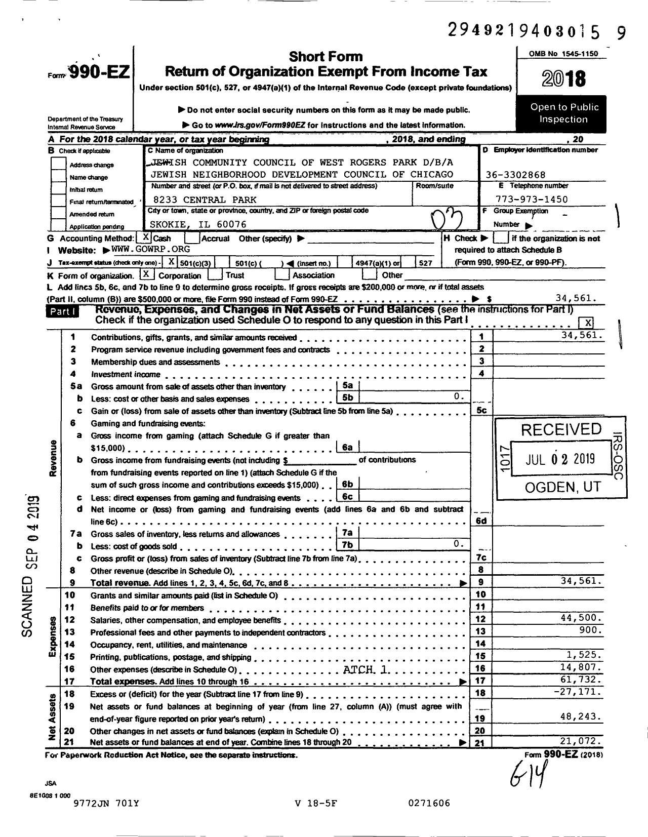 Image of first page of 2018 Form 990EZ for Jewish NBHD Council of Chicago