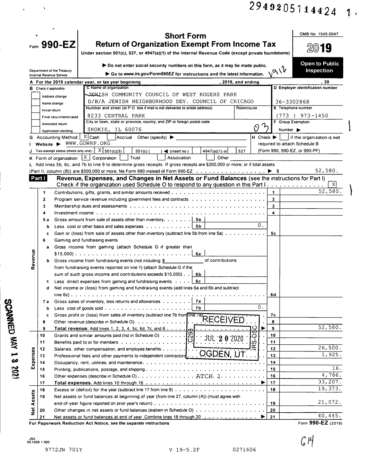 Image of first page of 2019 Form 990EZ for Jewish NBHD Council of Chicago