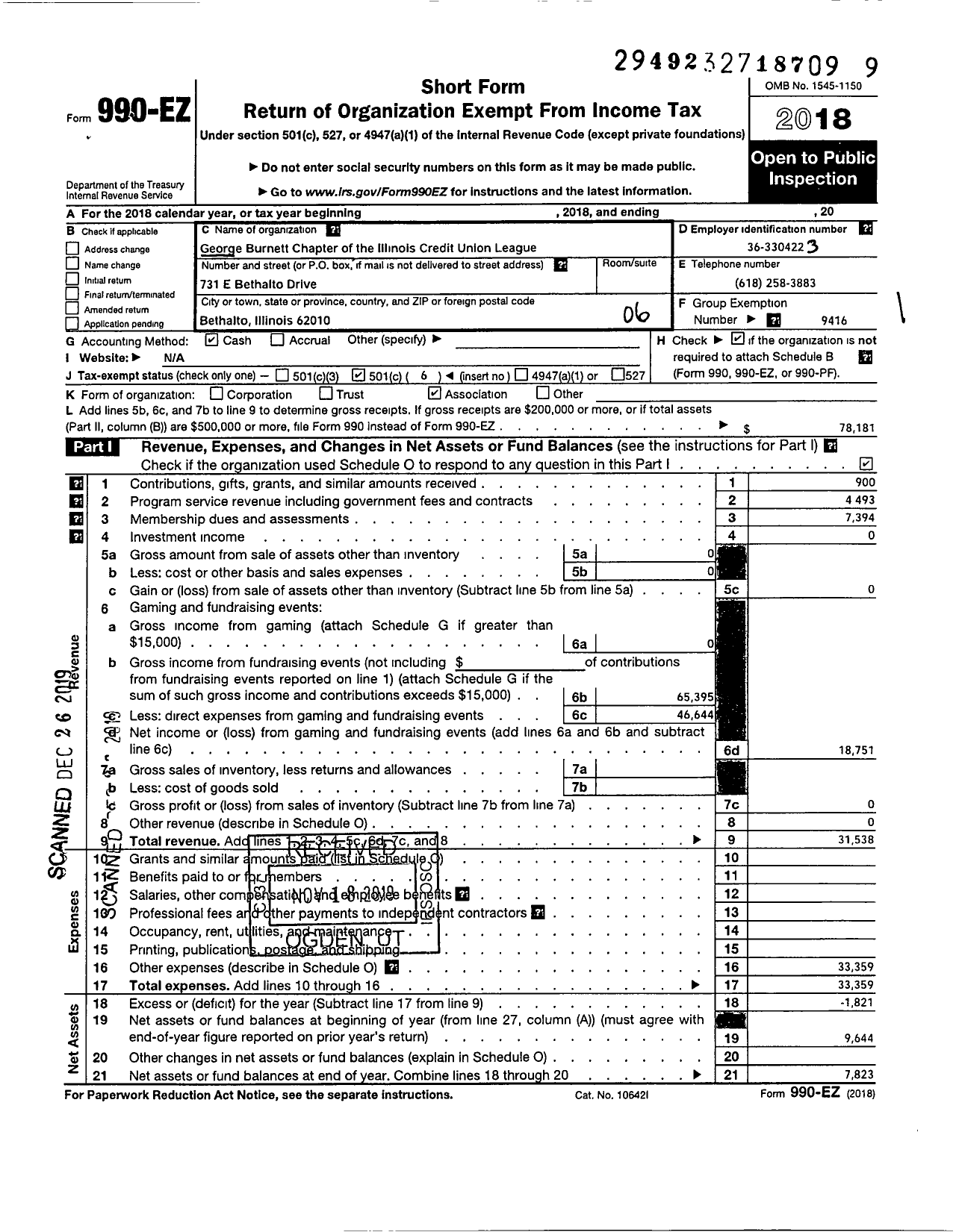 Image of first page of 2018 Form 990EO for Illinois Credit Union League / George G Burnett