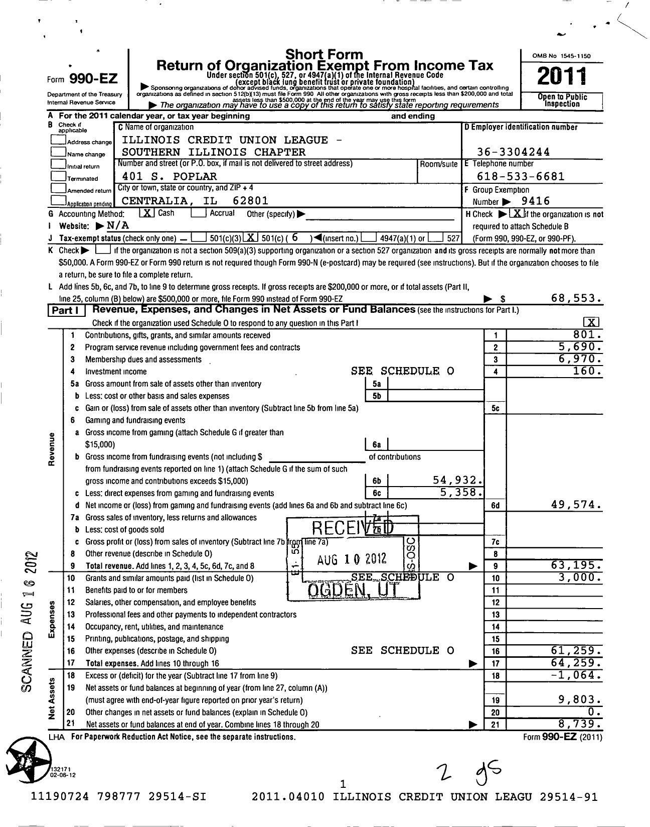 Image of first page of 2011 Form 990EO for Illinois Credit Union League / Southern Il