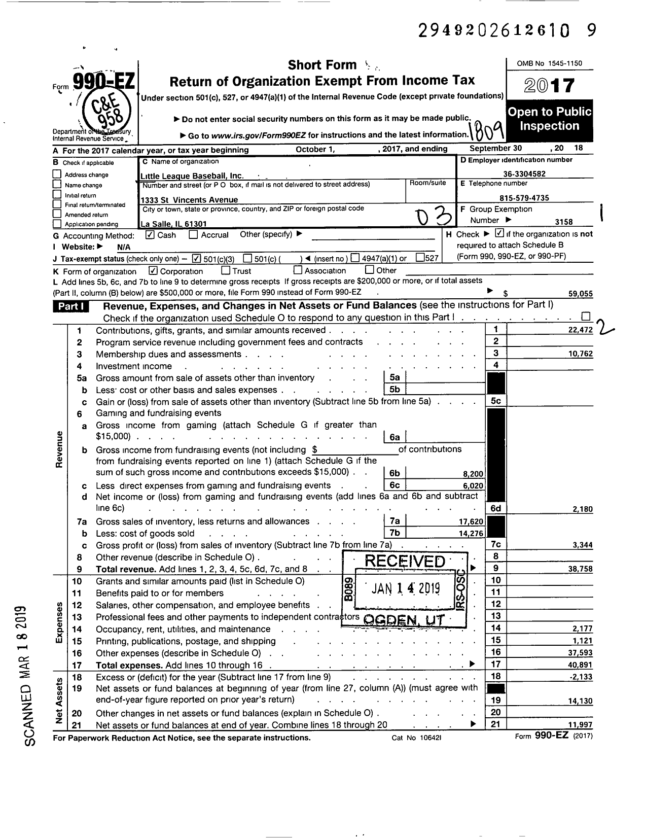 Image of first page of 2017 Form 990EZ for Little League Baseball - 1132003 La Salle National LL