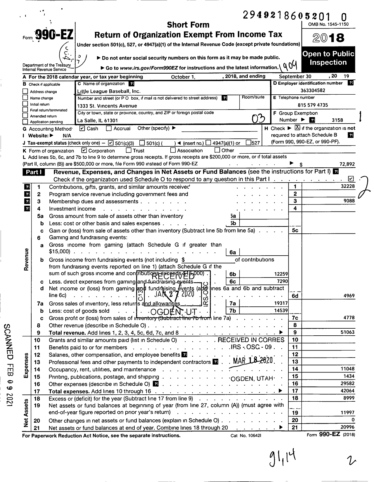 Image of first page of 2018 Form 990EZ for Little League Baseball - 1132003 La Salle National LL