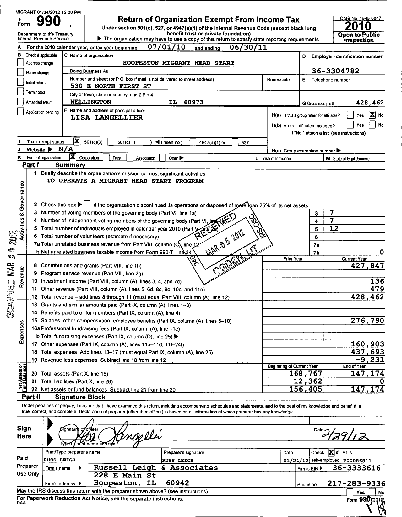 Image of first page of 2010 Form 990 for Hoopeston Migrant Head Start