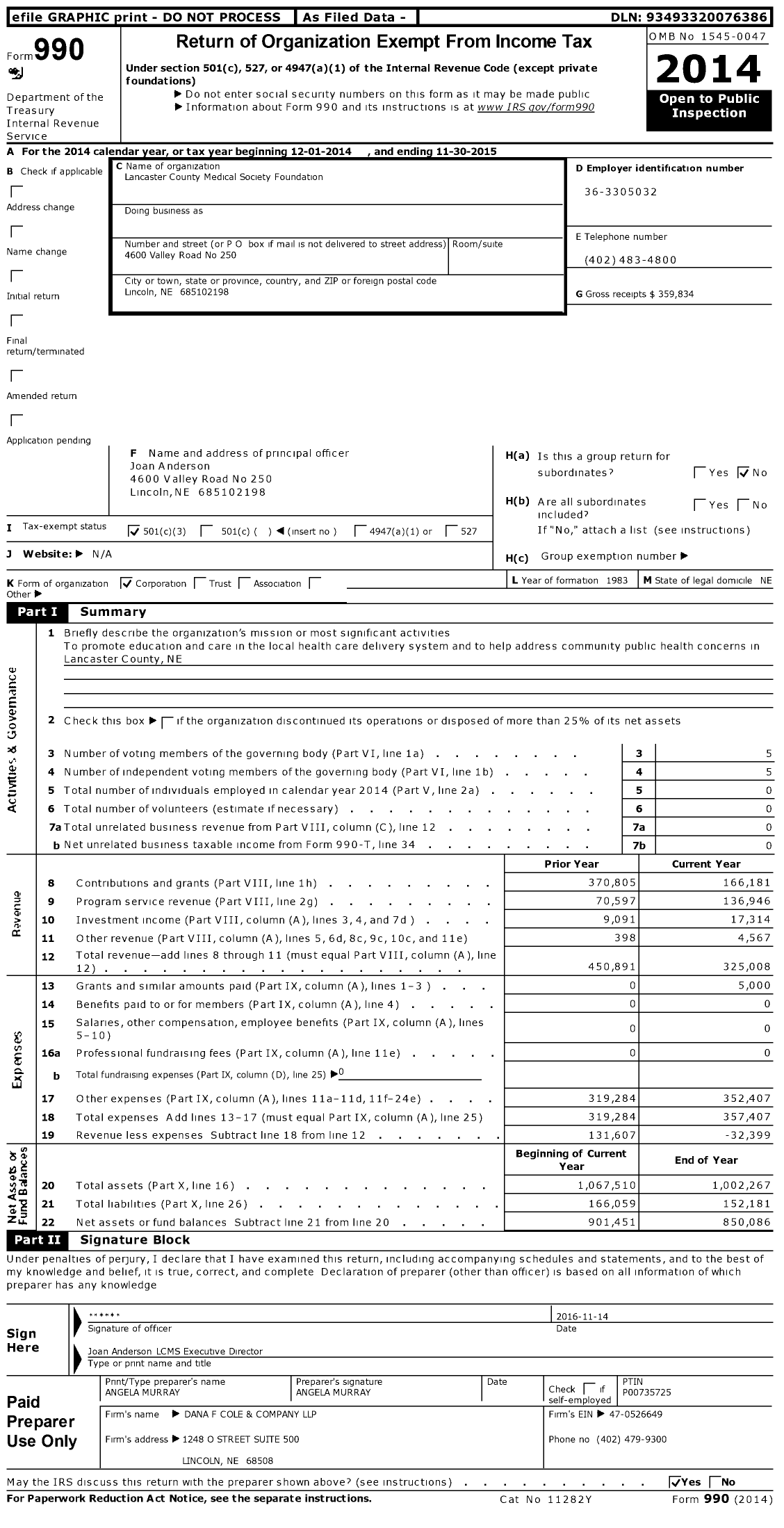 Image of first page of 2014 Form 990 for Lancaster County Medical Society Foundation