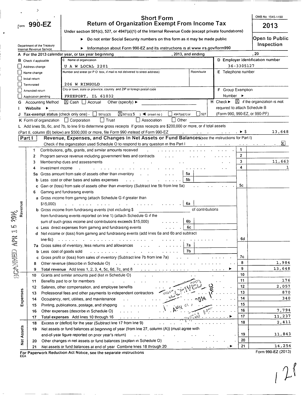 Image of first page of 2013 Form 990EO for Uaw - 2201 Local