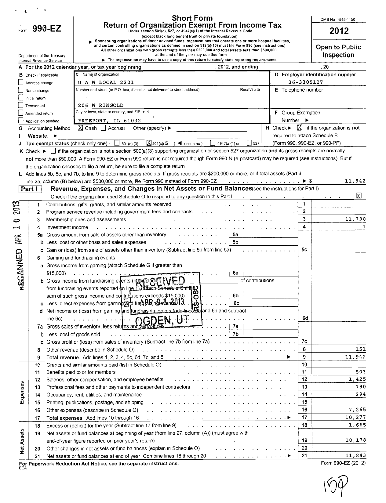 Image of first page of 2012 Form 990EO for Uaw - 2201 Local