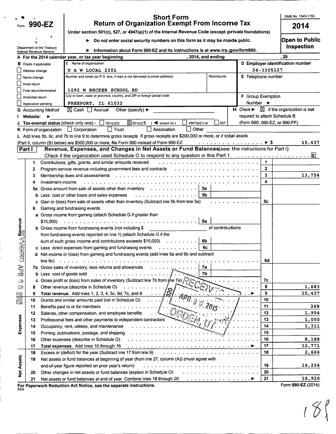 Image of first page of 2014 Form 990EO for Uaw - 2201 Local