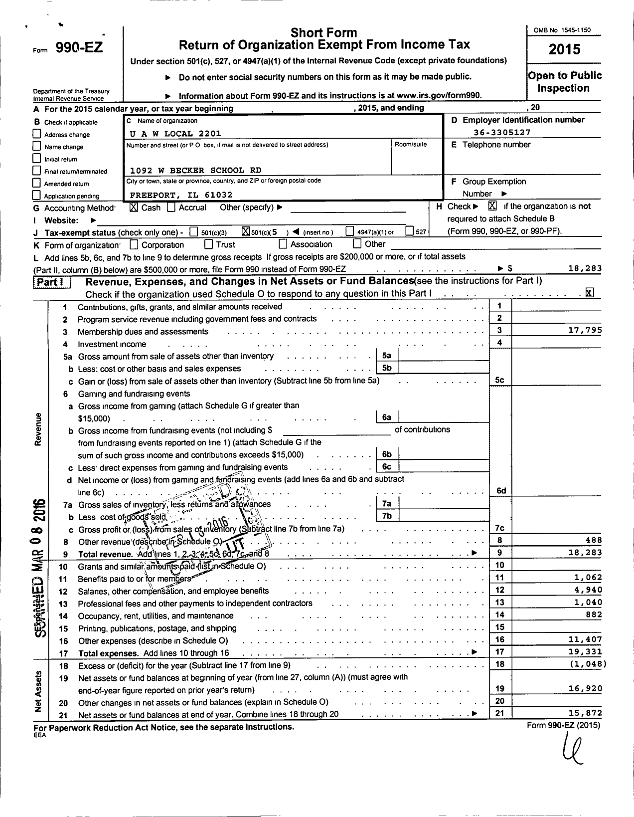 Image of first page of 2015 Form 990EO for Uaw - 2201 Local