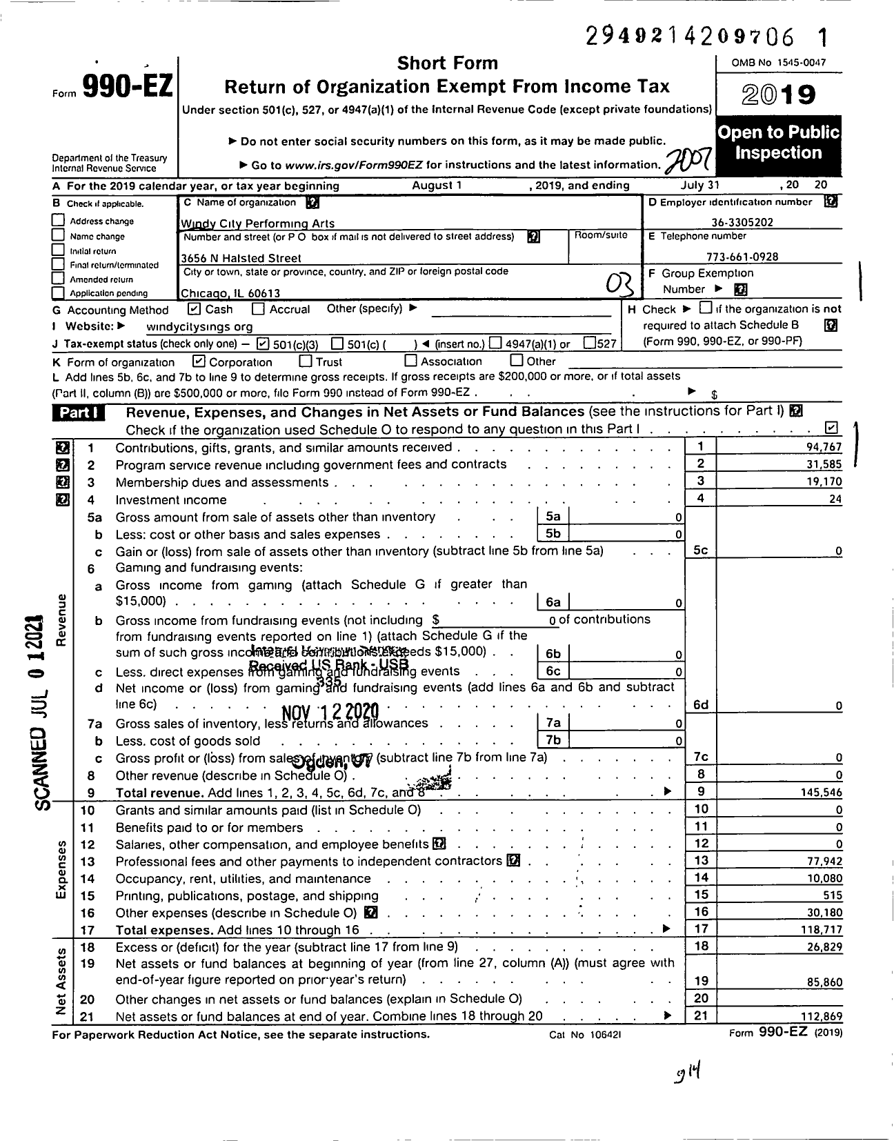 Image of first page of 2019 Form 990EZ for Windy City Performing Arts