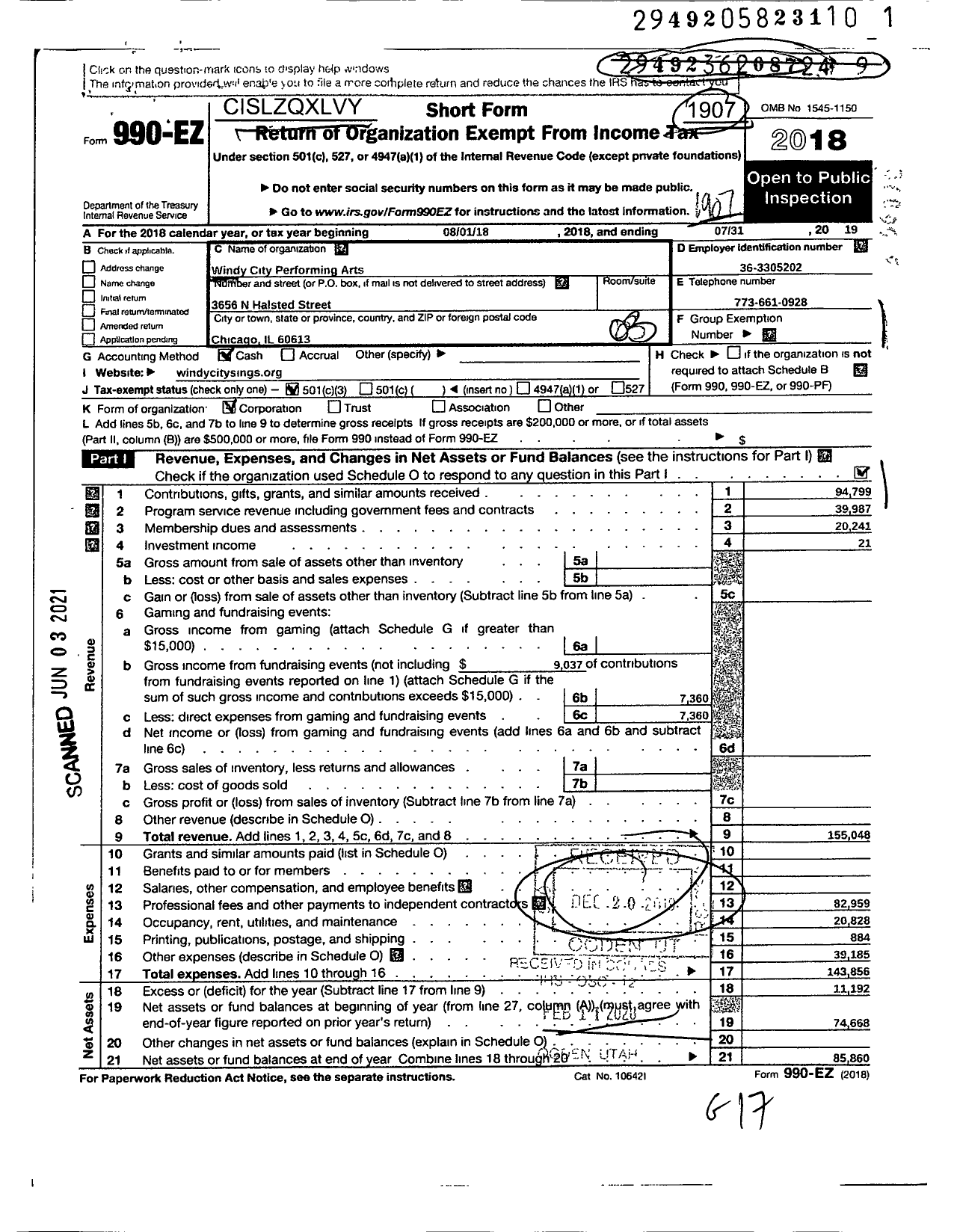 Image of first page of 2018 Form 990EZ for Windy City Performing Arts