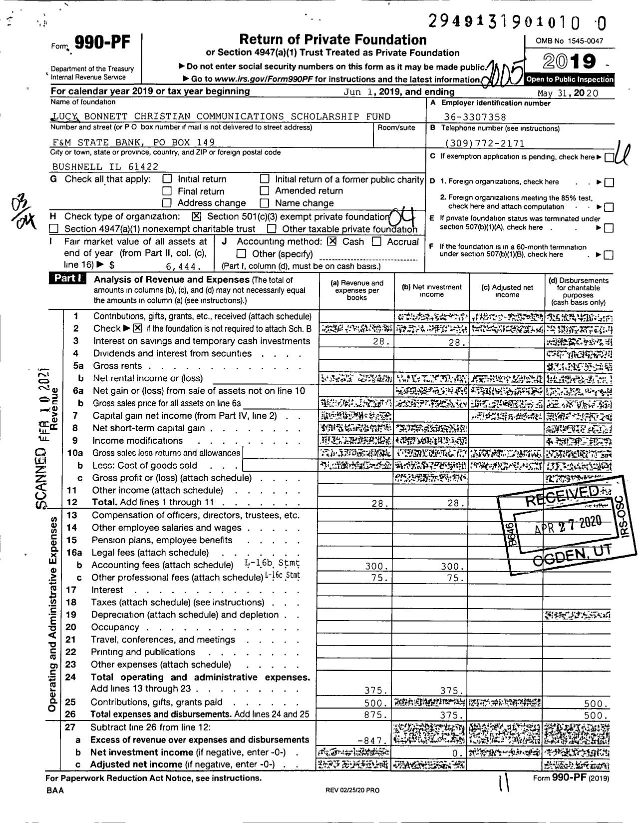 Image of first page of 2019 Form 990PF for Lucy Bonnett Christian Communications Scholarship