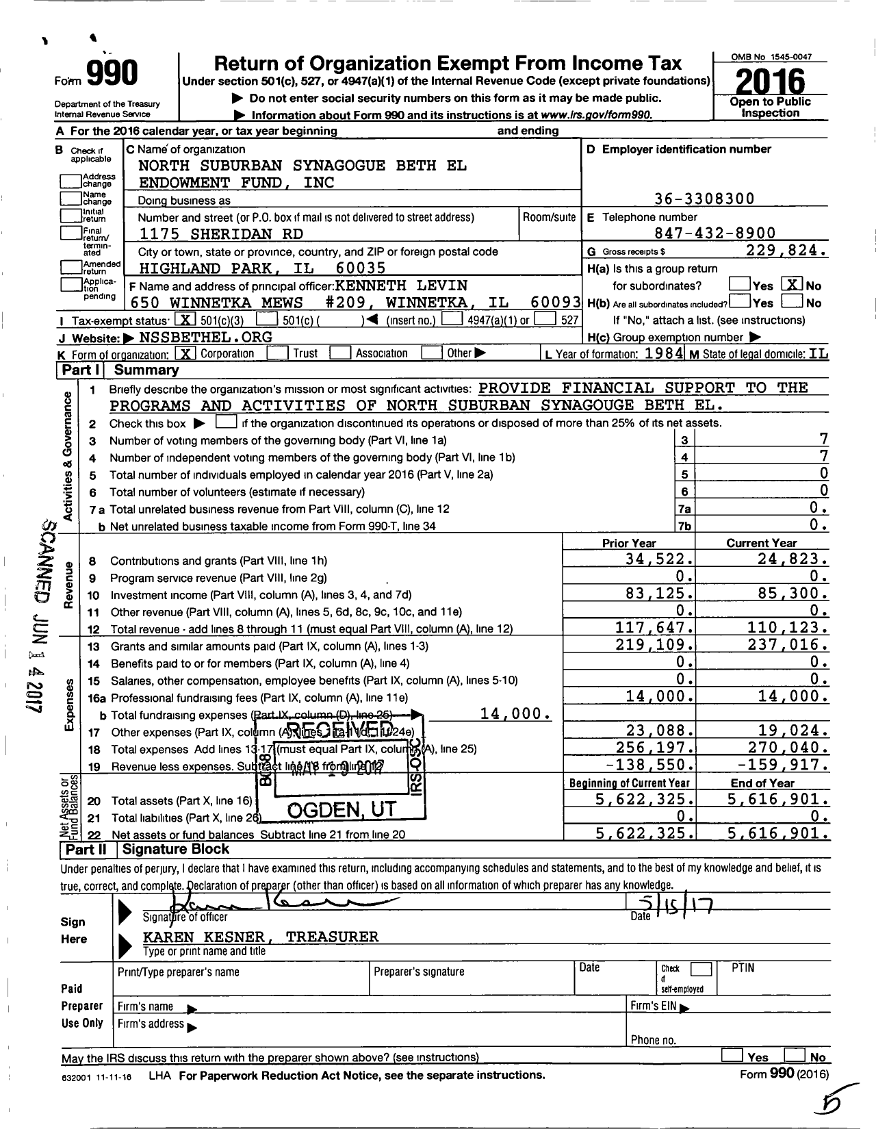 Image of first page of 2016 Form 990 for North Suburban Synagogue Beth El Endowment Fund