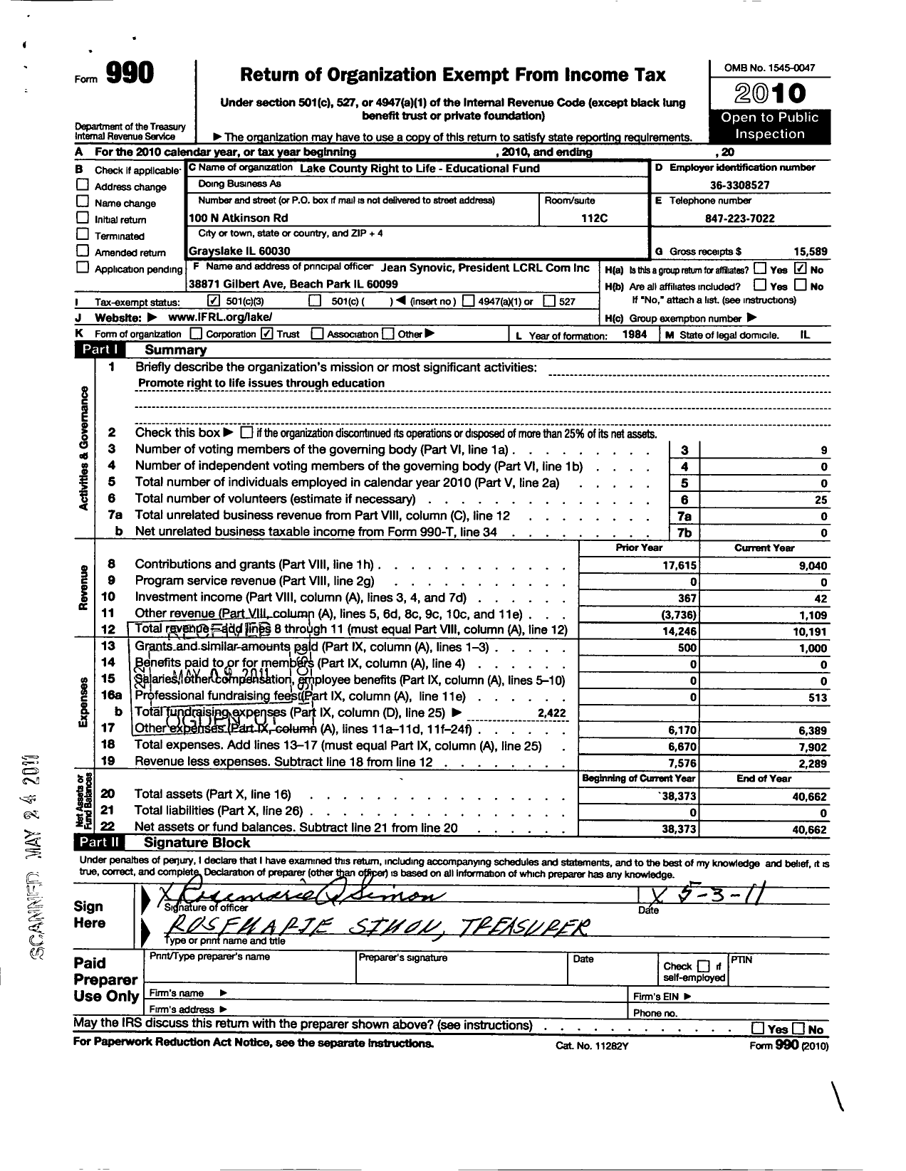 Image of first page of 2010 Form 990 for Lake County Right To Life Educational Fund