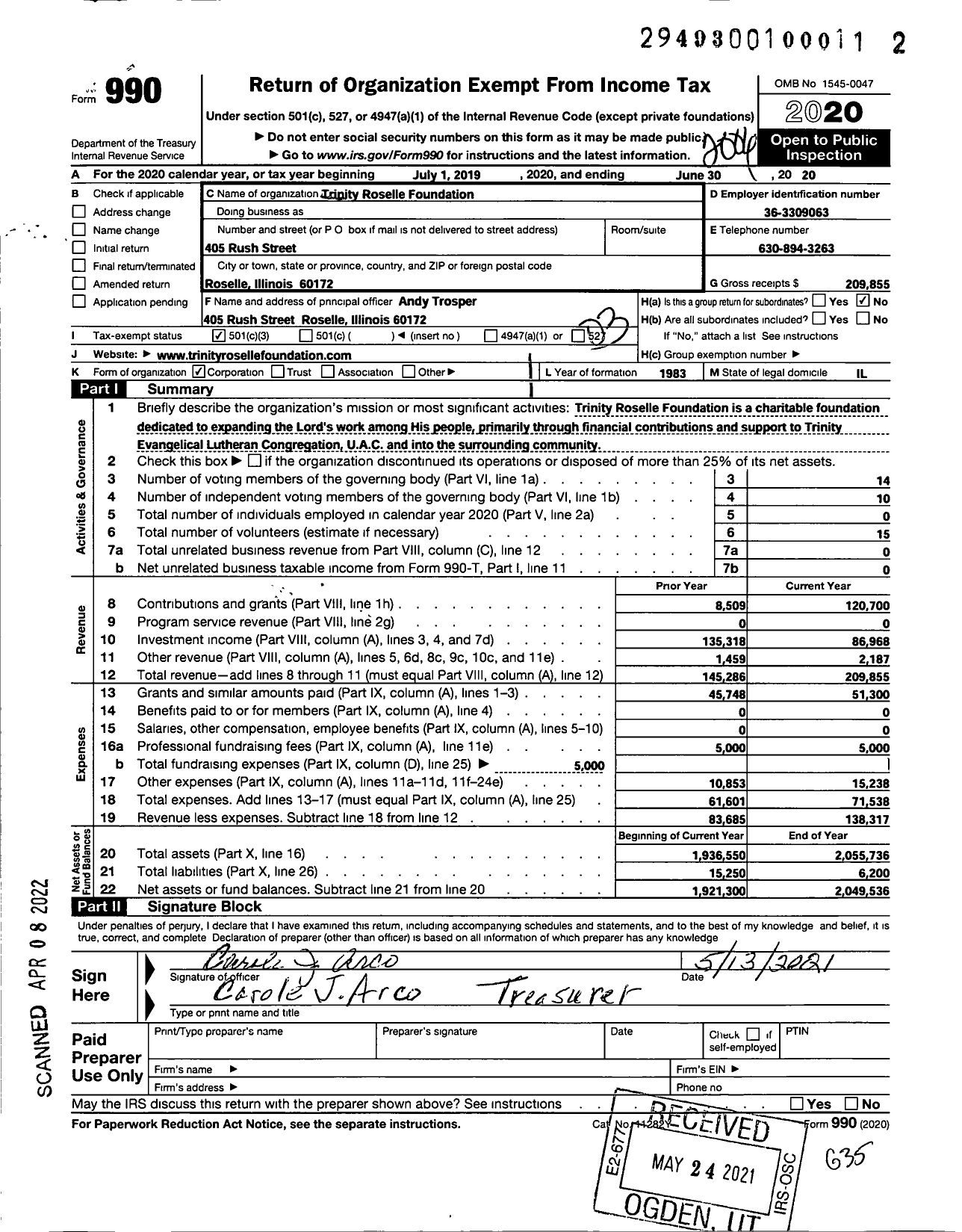 Image of first page of 2019 Form 990 for Trinity Roselle Foundation