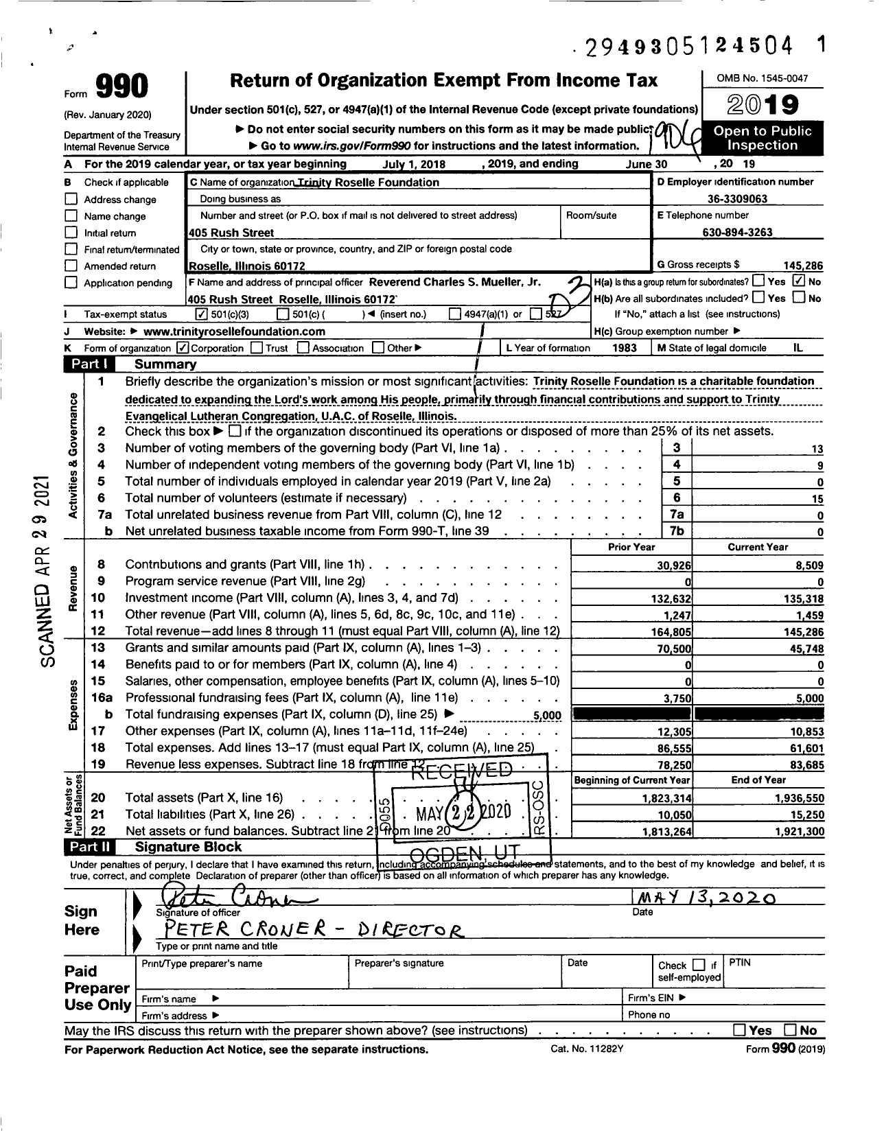 Image of first page of 2018 Form 990 for Trinity Roselle Foundation