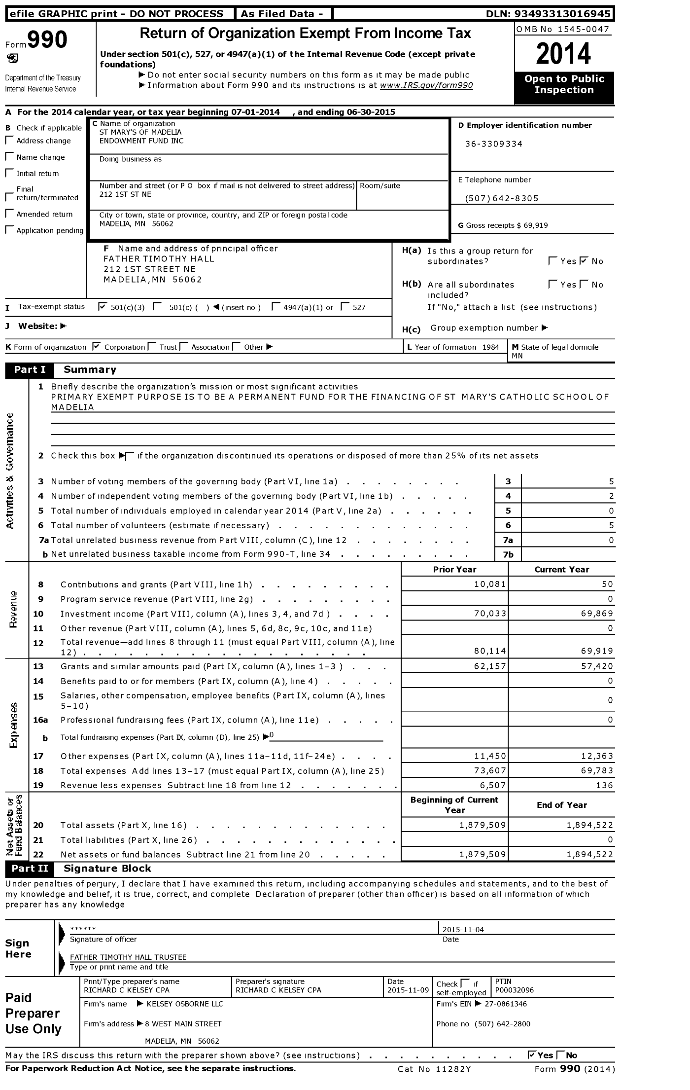 Image of first page of 2014 Form 990 for St Marys of Madelia Endowment Fund
