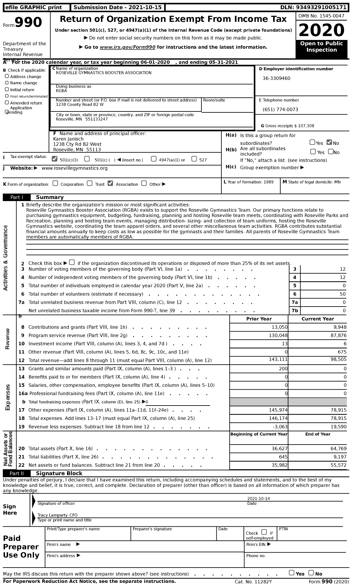 Image of first page of 2020 Form 990 for Roseville Gymnastics Booster Association (RGBA)