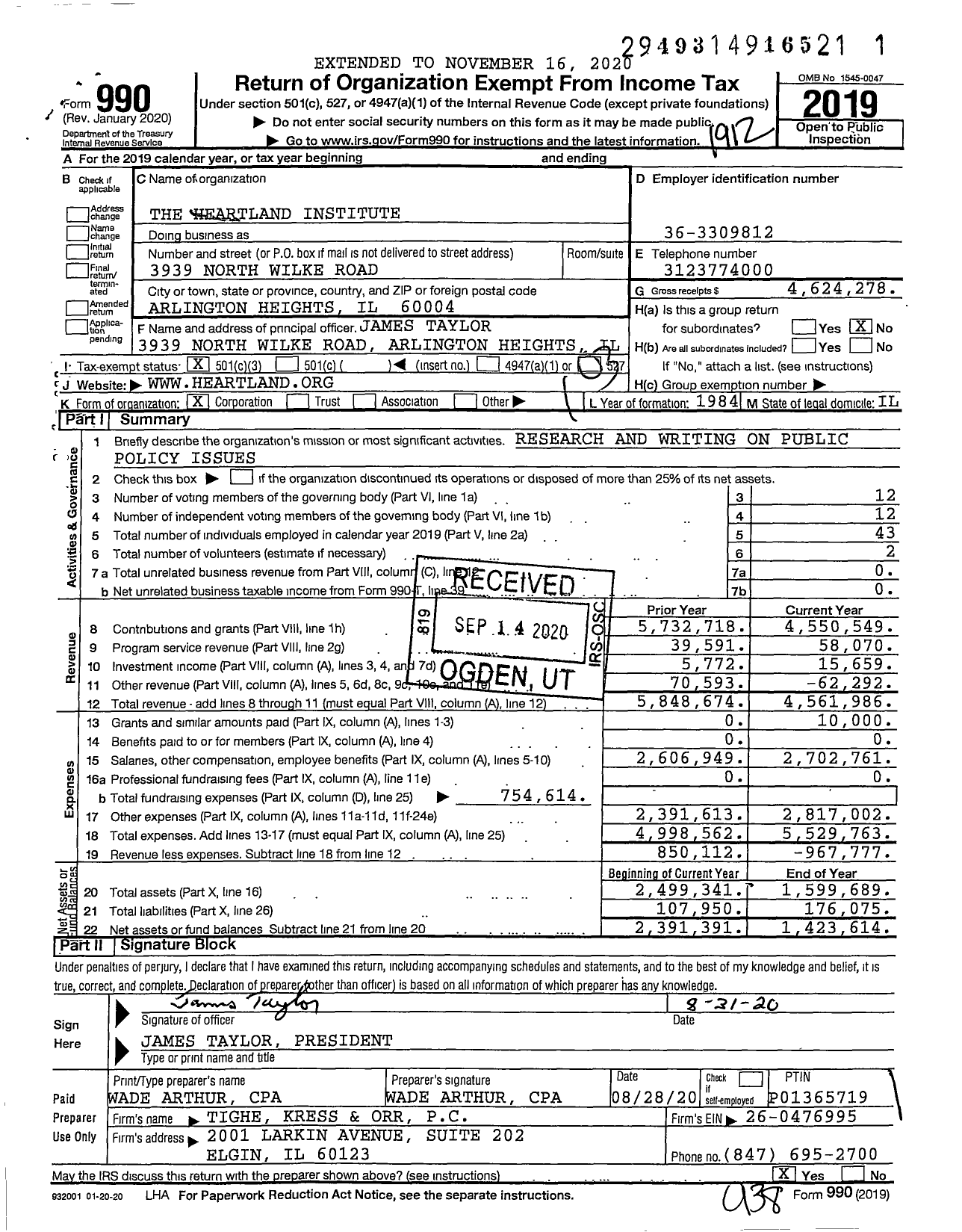 Image of first page of 2019 Form 990 for Heartland Institute