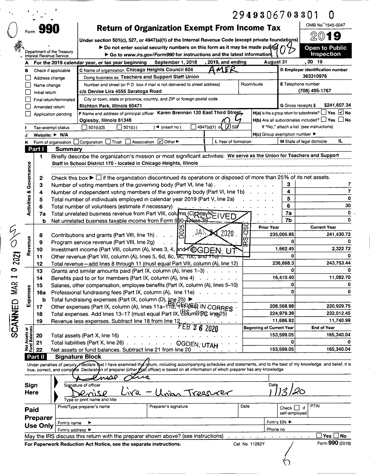 Image of first page of 2018 Form 990O for American Federation of Teachers - 0604 Council 170 Chicago Heights