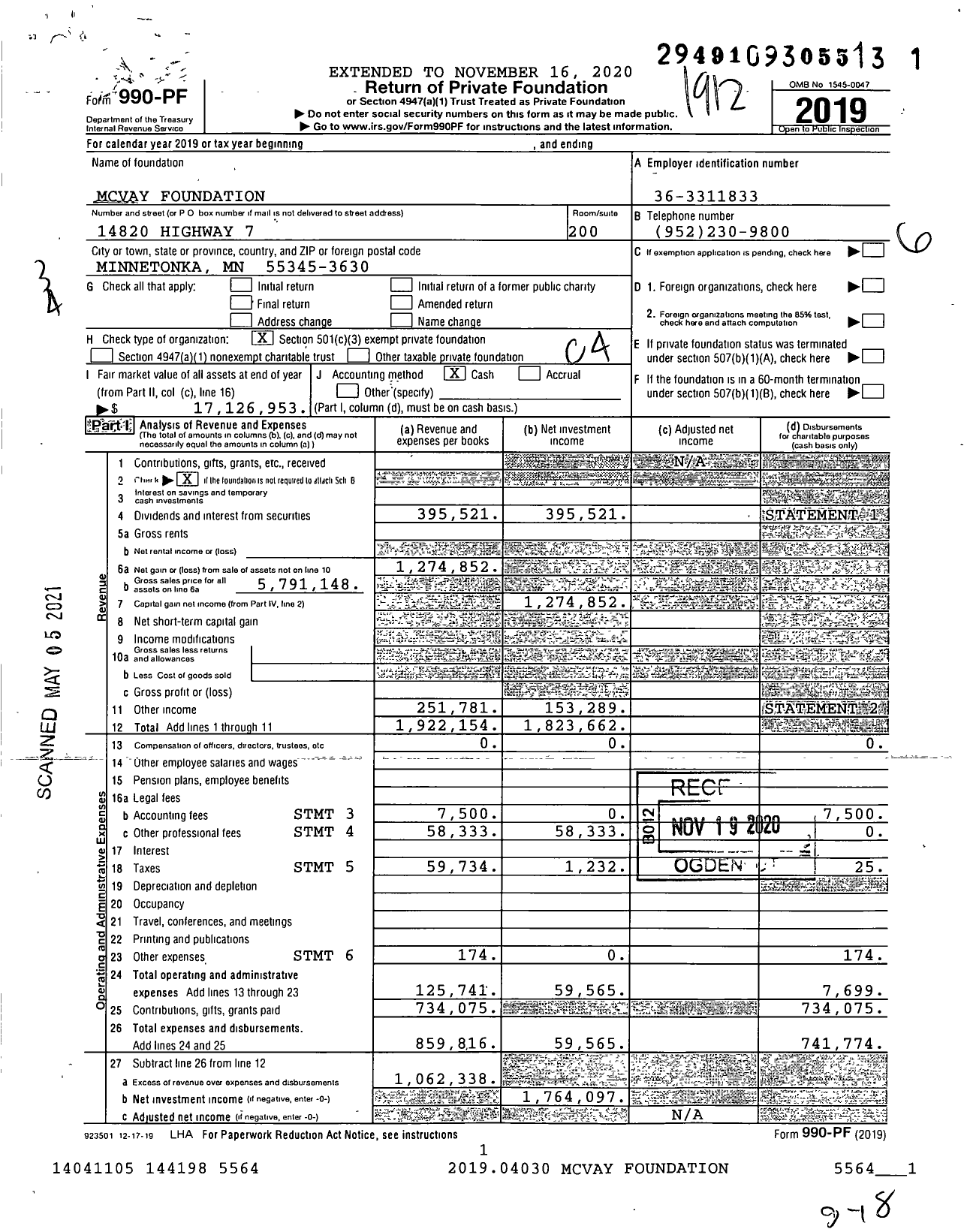 Image of first page of 2019 Form 990PF for Mcvay Foundation