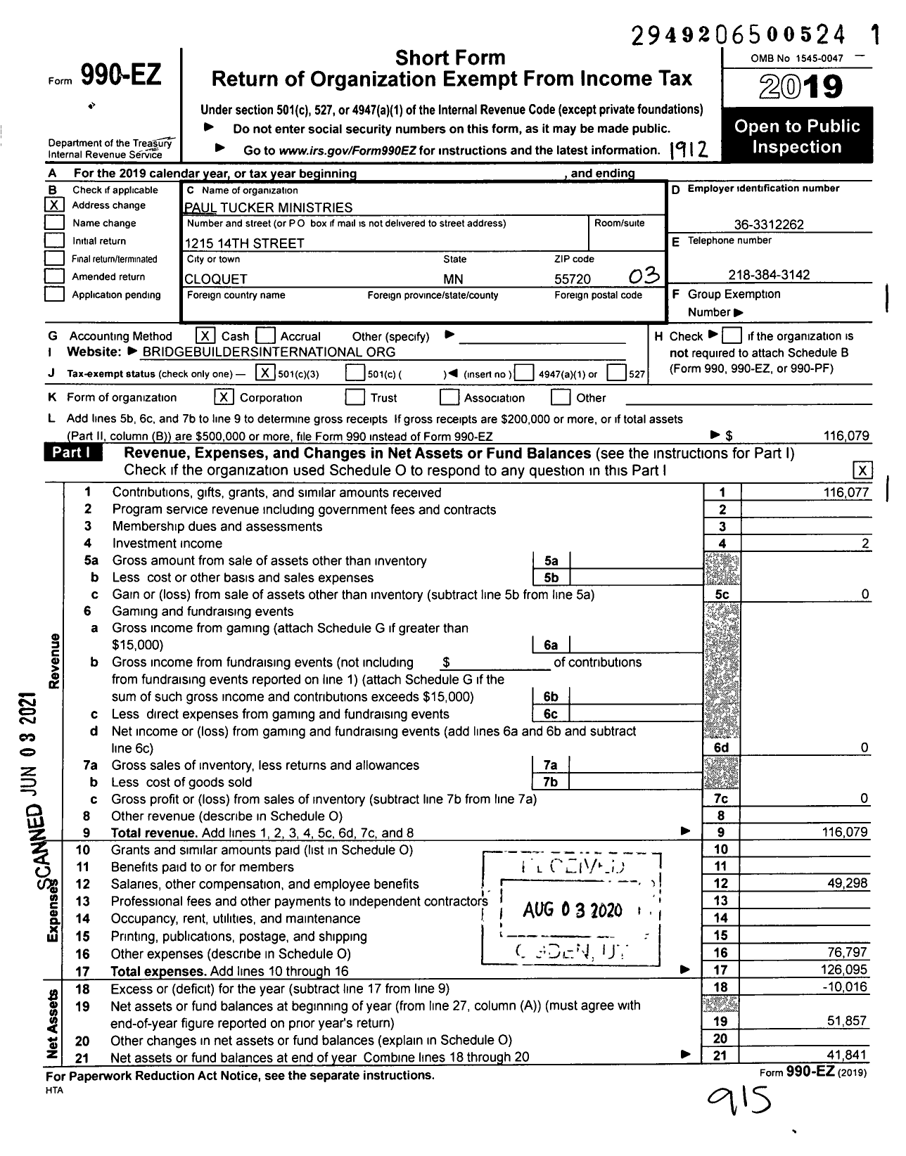 Image of first page of 2019 Form 990EZ for Paul Tucker Ministries