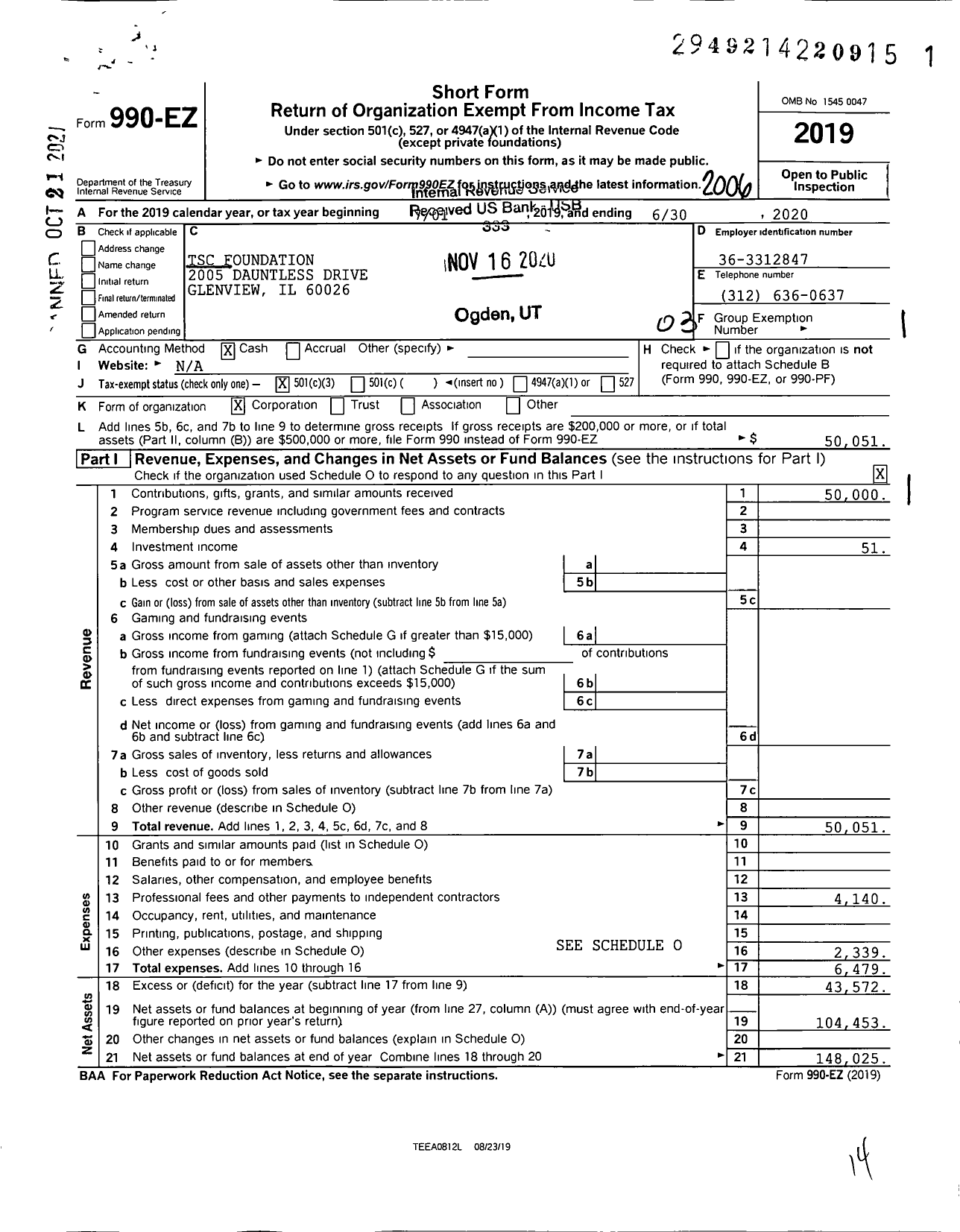 Image of first page of 2019 Form 990EZ for TSC Foundation (TSC)