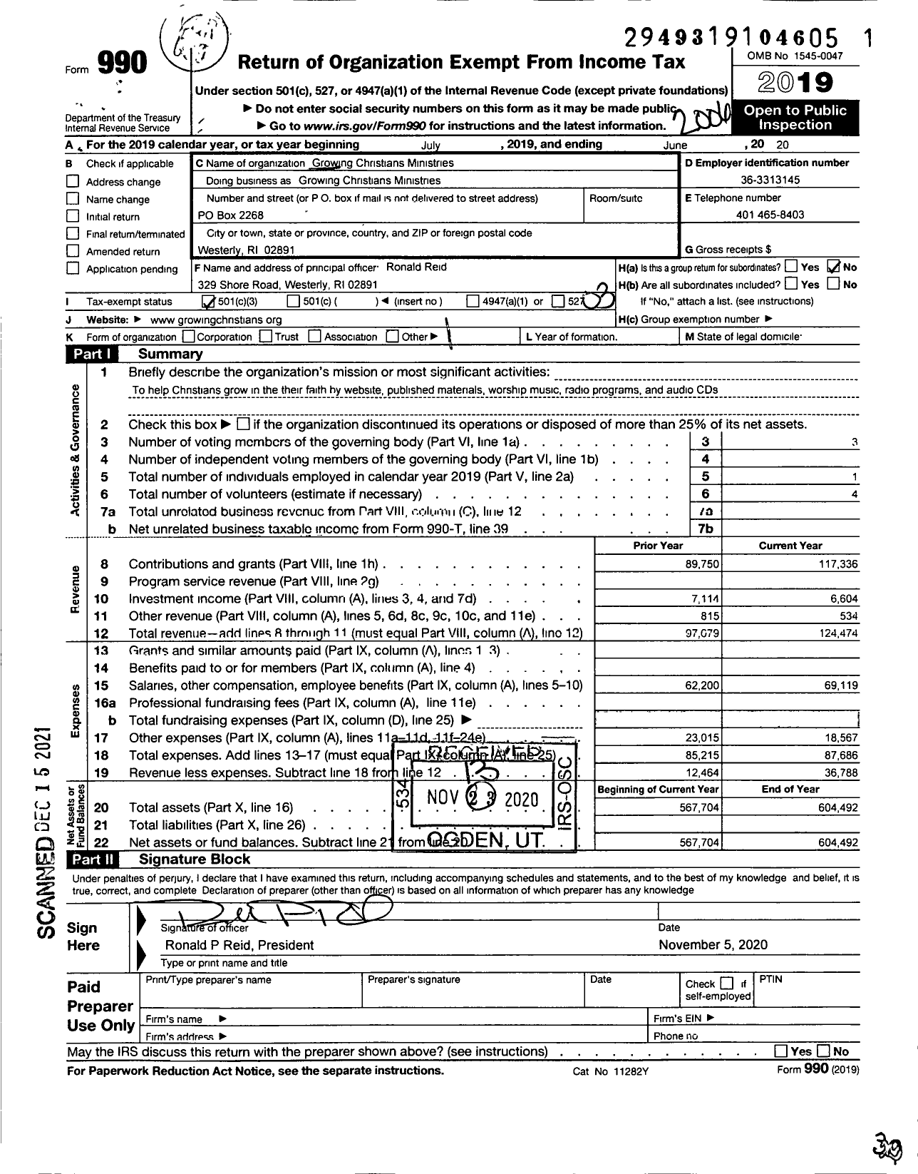 Image of first page of 2019 Form 990 for Growing Christians Ministries