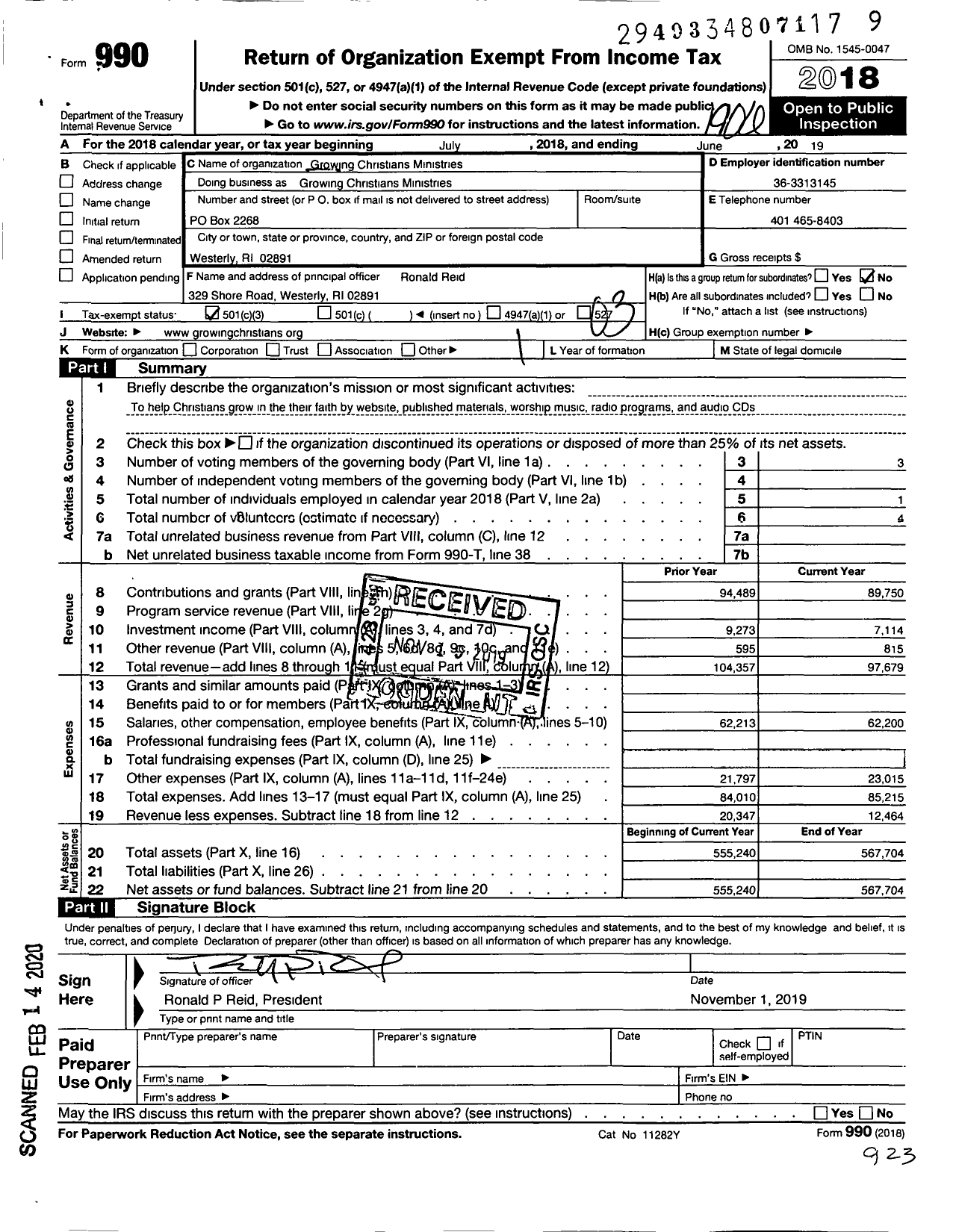 Image of first page of 2018 Form 990 for Growing Christians Ministries