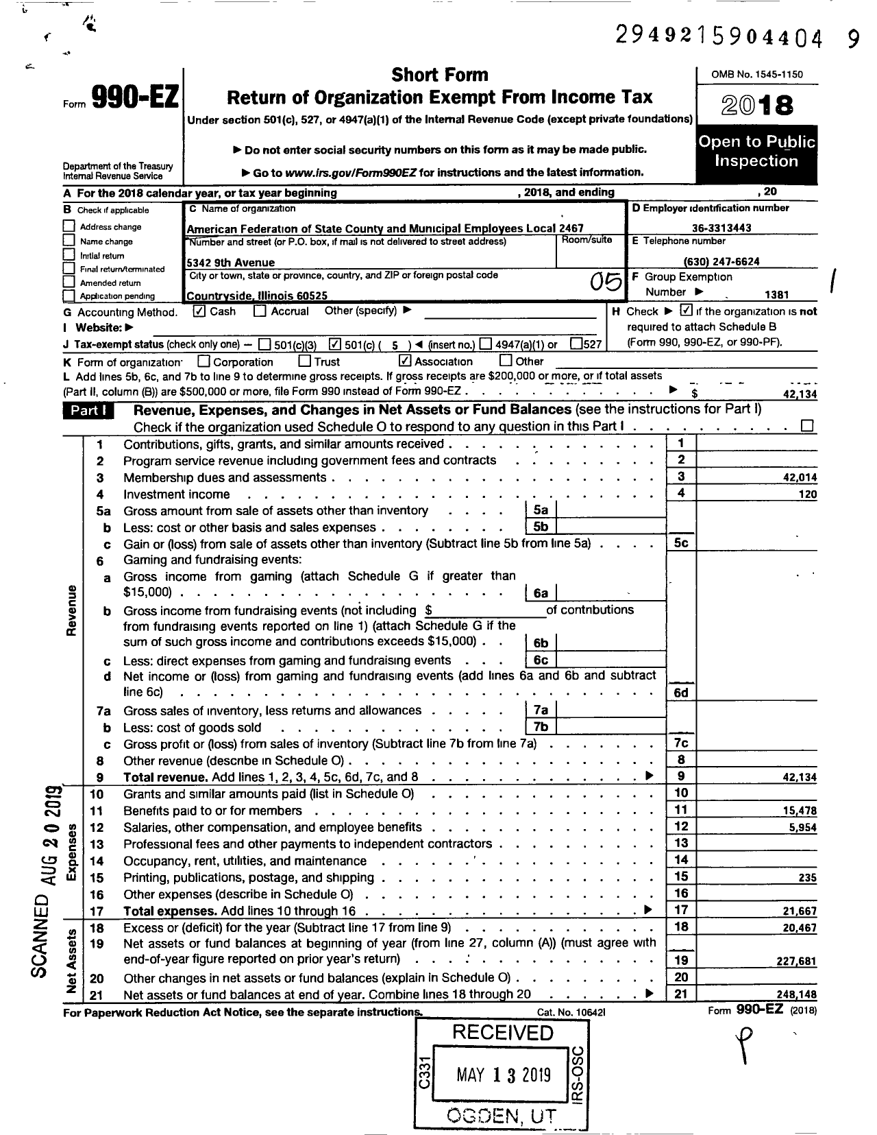 Image of first page of 2018 Form 990EO for American Federation of State County & Municipal Employees - L2467il Il Dept of Revenue Empls