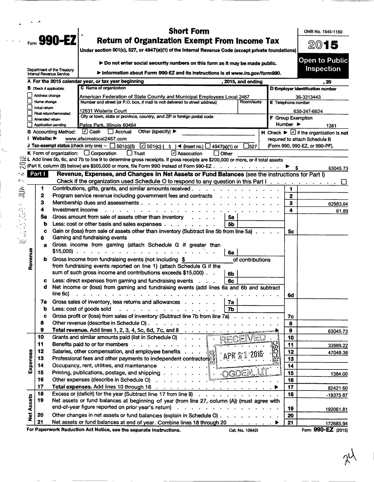 Image of first page of 2015 Form 990EO for American Federation of State County & Municipal Employees - L2467il Il Dept of Revenue Empls