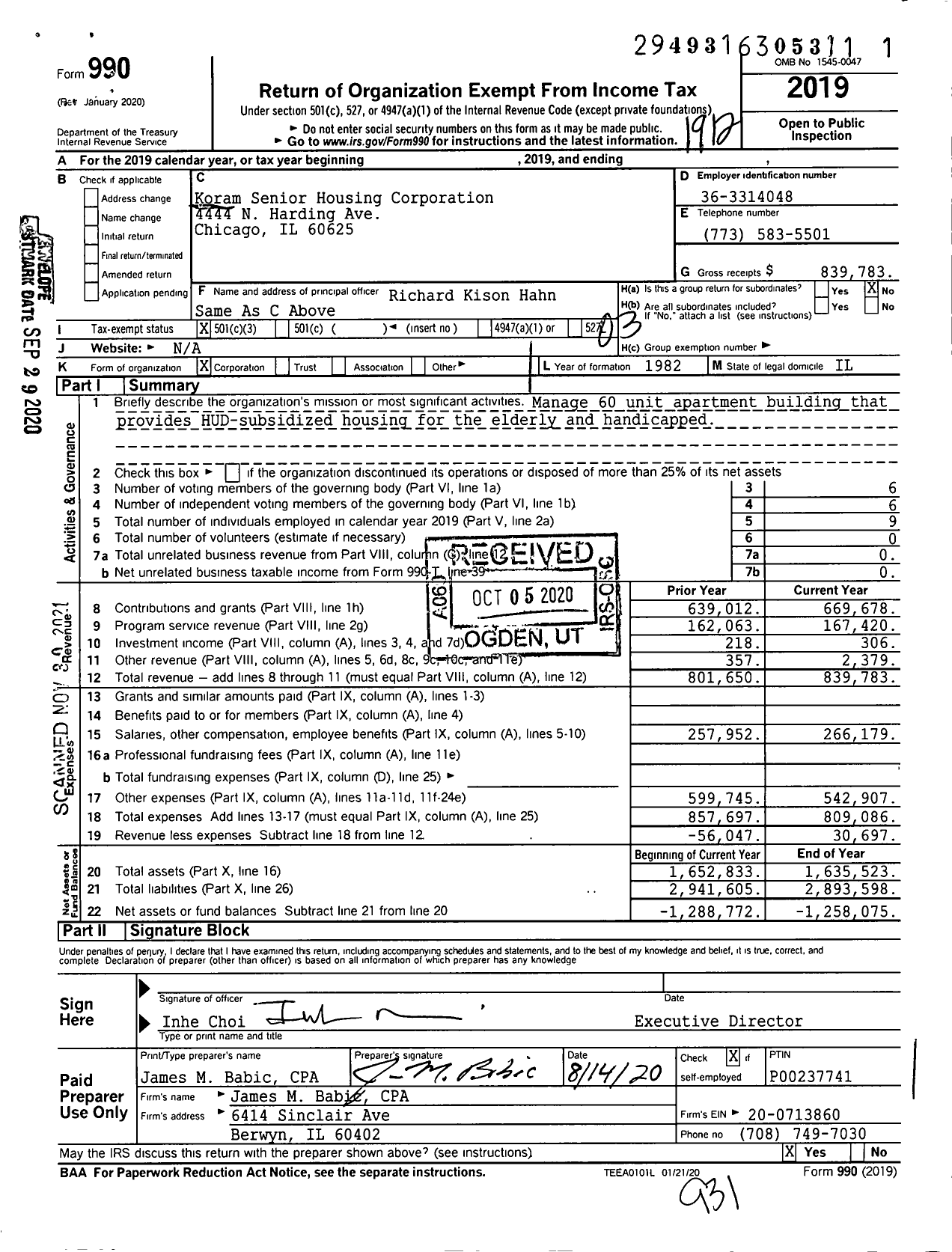 Image of first page of 2019 Form 990 for Housing Apartments.