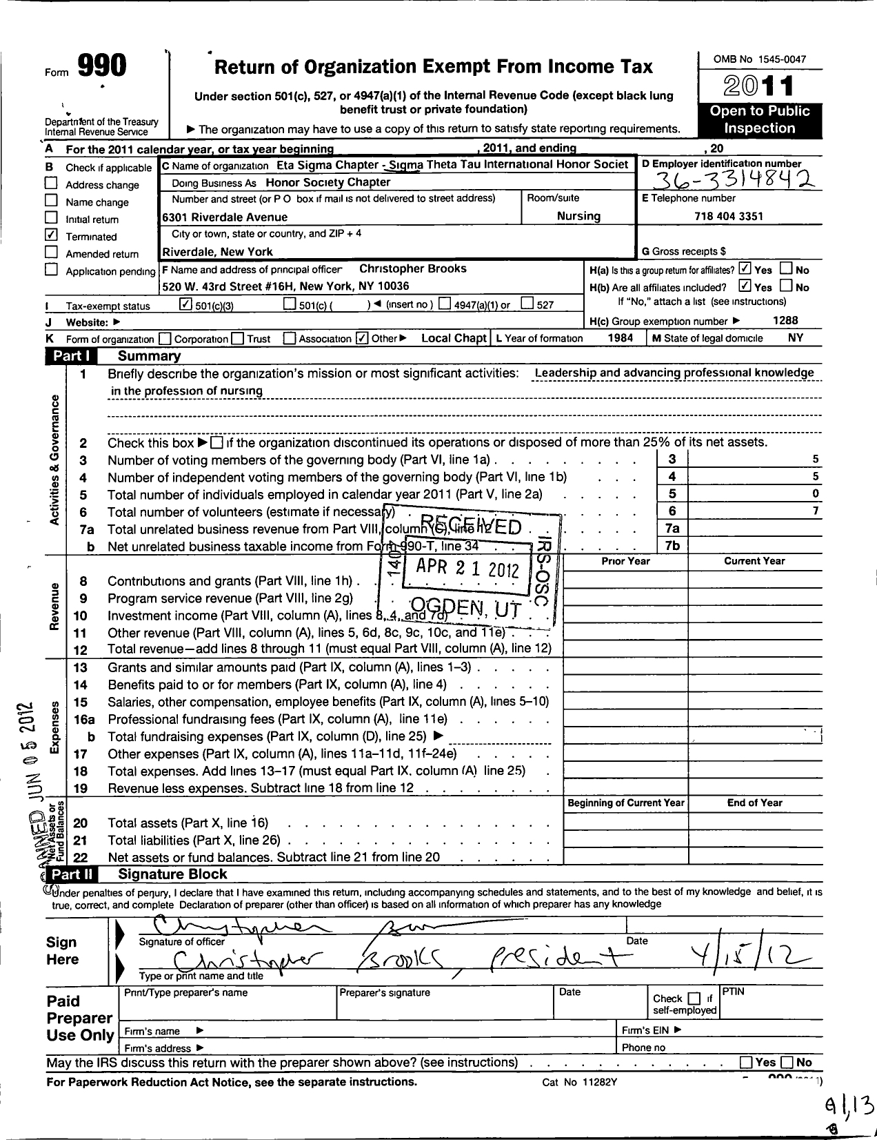 Image of first page of 2011 Form 990 for Eta Sigma Chapter-Sigma Theta International Honor Society