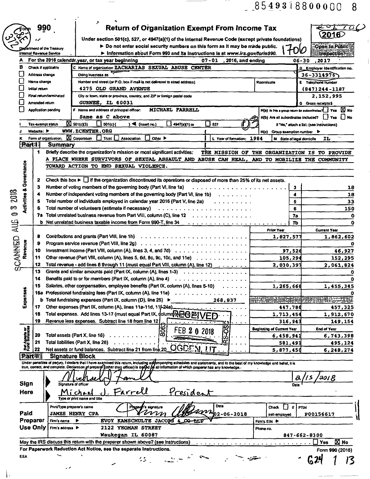Image of first page of 2016 Form 990 for Zacharias Sexual Abuse Center