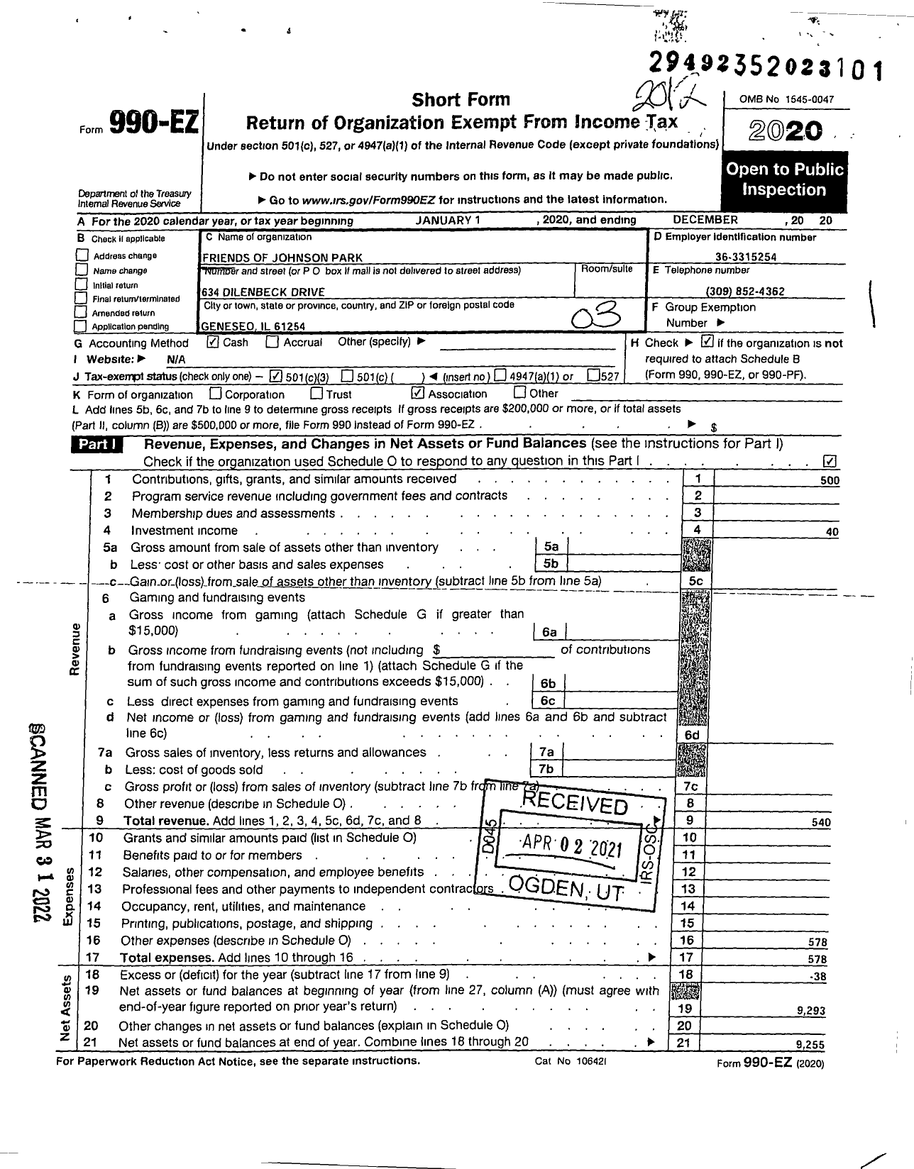 Image of first page of 2020 Form 990EZ for Friends of Johnson Park