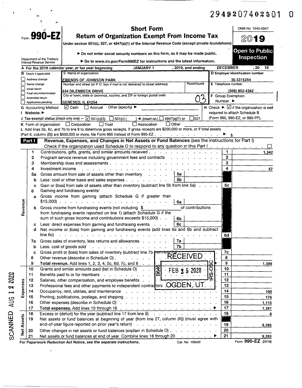 Image of first page of 2019 Form 990EZ for Friends of Johnson Park