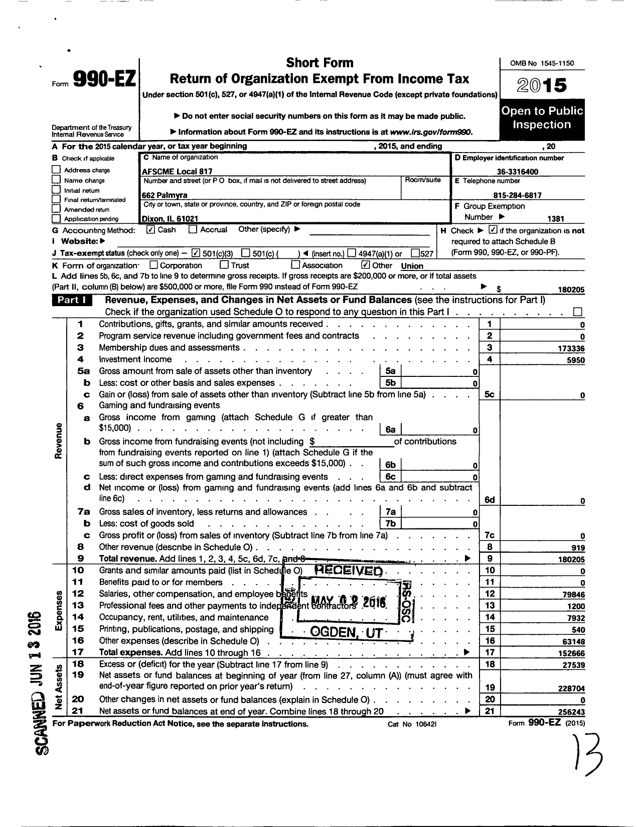 Image of first page of 2015 Form 990EZ for Local Union 817